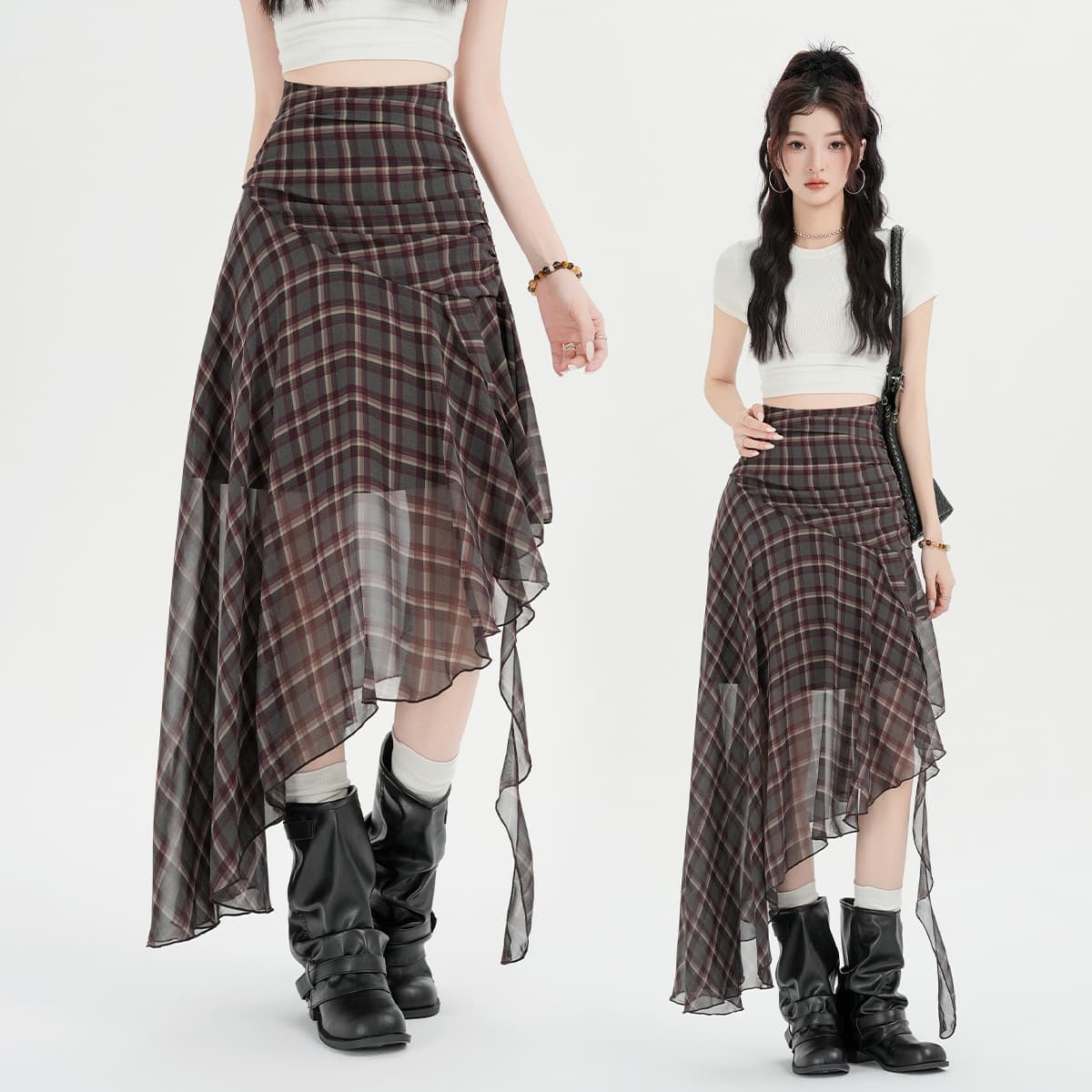 가을 레트로 불규칙 체크무늬 반신 스커트 지방 mm 빅 사이즈 여성 의류 하이웨이스트 쉬폰 반 스커트 중간 길이 치마 이미지 2