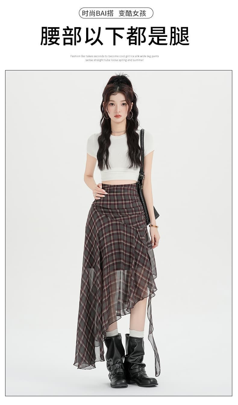 가을 레트로 불규칙 체크무늬 반신 스커트 지방 mm 빅 사이즈 여성 의류 하이웨이스트 쉬폰 반 스커트 중간 길이 치마 상세 이미지 8