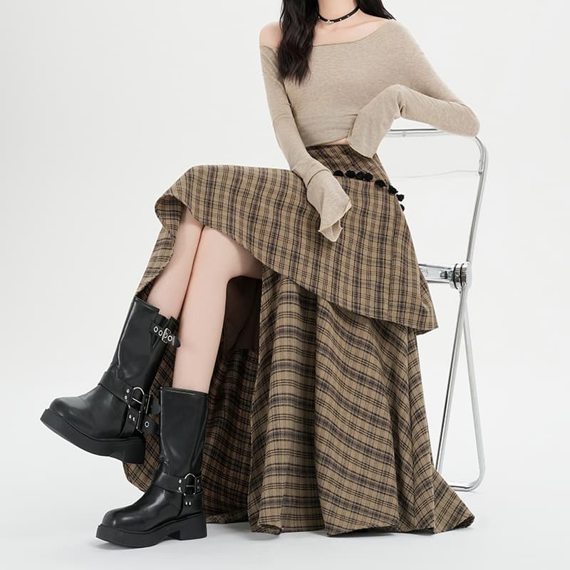 가을 겨울 다용도 레트로 체크무늬 불규칙 반신 스커트 빅 사이즈 여성 의류 하이웨이스트 슬림해 보이는 체크무늬 한 마디 패치워크 롱 코트 이미지 4