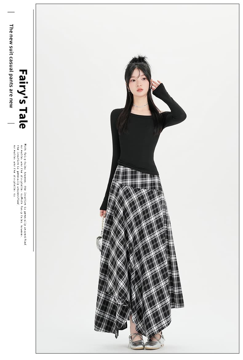가을 겨울 레트로 체크무늬 불규칙 반신 스커트 빅 사이즈 여성 의류 하이웨이스트 슬림해 보이는 대 치마 우산 치마 롱 코트 치마 상세 이미지 19