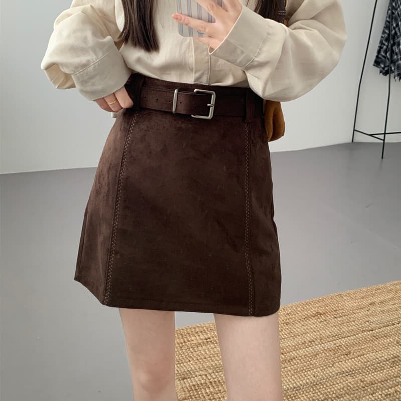 레트로 커피 색상 사슴 캐시미어 반신 스커트 빅 사이즈 여성 의류 가을 겨울 하이웨이스트 A라인 스커트 타이트 스커트 디스플레이 짧은 치마 이미지 5