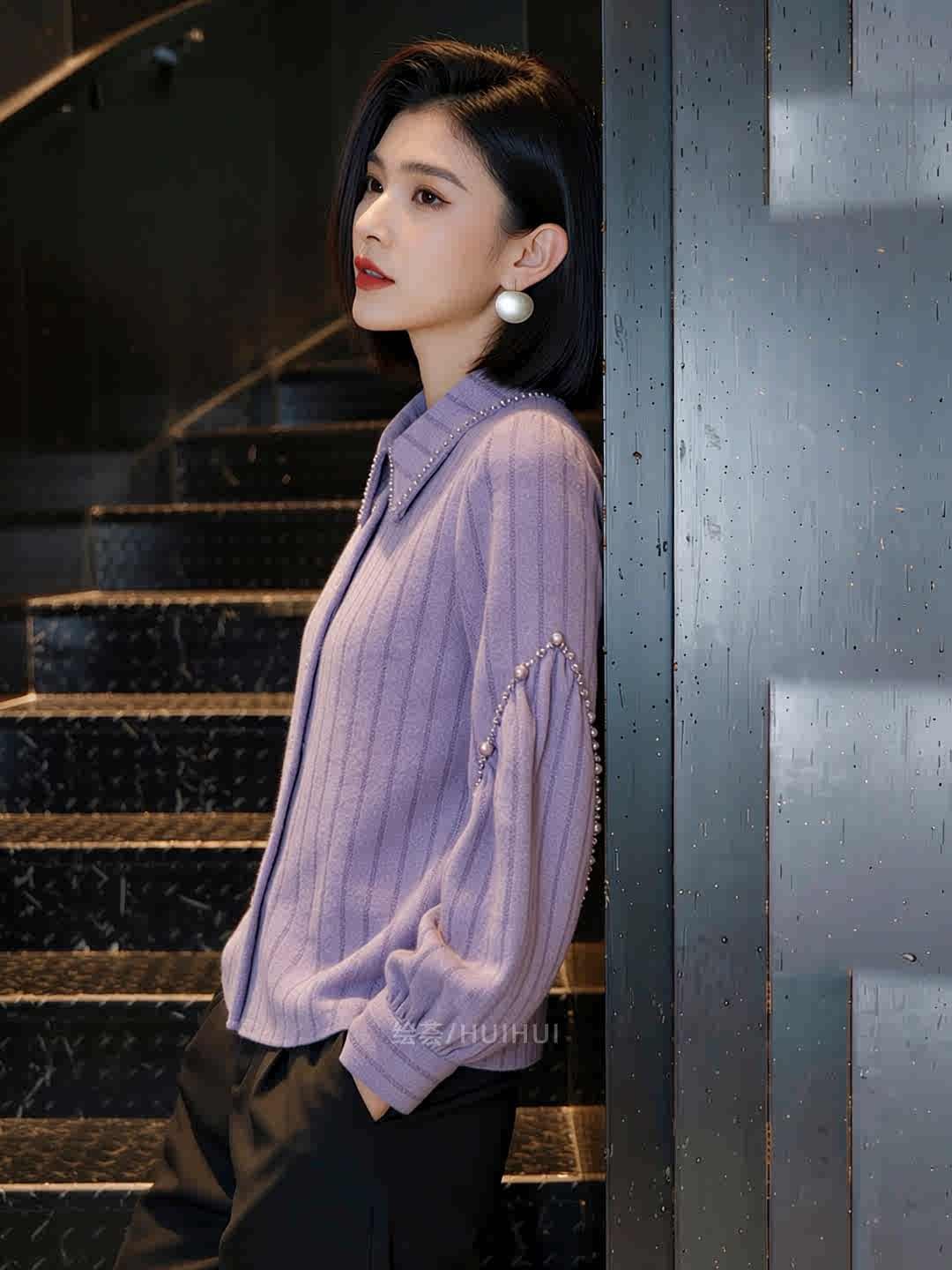 2026 새로운 봄 프랑스식 익스트림 제인 바람 비즈 박기 폴로 칼라 여성 셔츠 보라색 다용도 작은 대중 슬림해 보이는 외국 가스 맨위 이미지 2