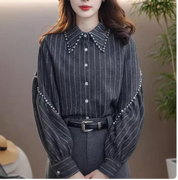 2026 새로운 봄 프랑스식 익스트림 제인 바람 비즈 박기 폴로 칼라 여성 셔츠 보라색 다용도 작은 대중 슬림해 보이는 외국 가스 맨위 상세 이미지 1