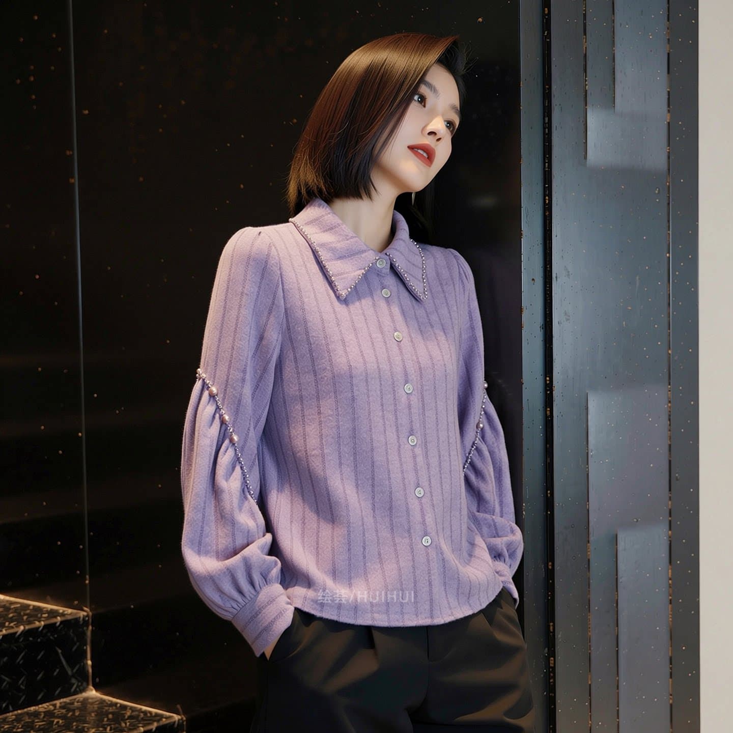 2026 새로운 봄 프랑스식 익스트림 제인 바람 비즈 박기 폴로 칼라 여성 셔츠 보라색 다용도 작은 대중 슬림해 보이는 외국 가스 맨위 상세 이미지 5
