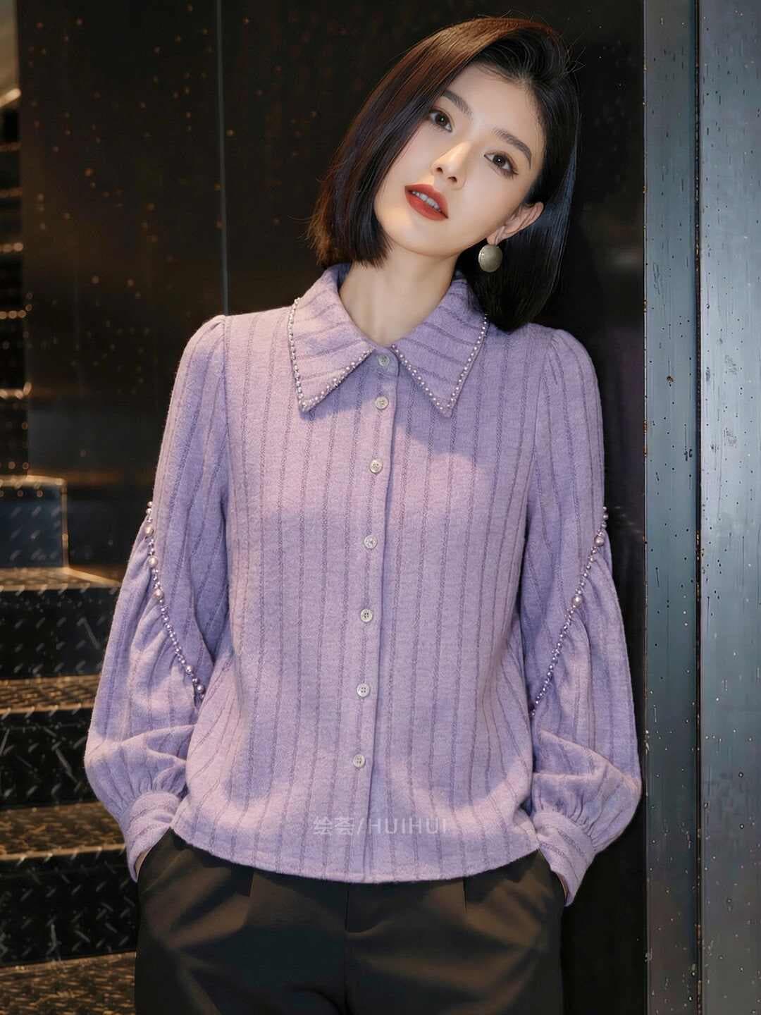2026 새로운 봄 프랑스식 익스트림 제인 바람 비즈 박기 폴로 칼라 여성 셔츠 보라색 다용도 작은 대중 슬림해 보이는 외국 가스 맨위 상세 이미지 8