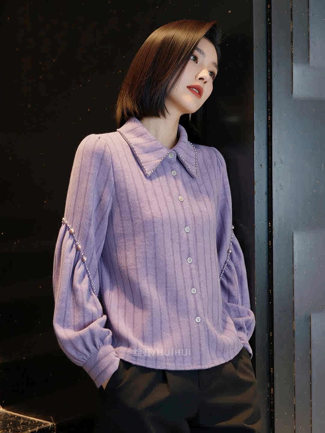 2026 새로운 봄 프랑스식 익스트림 제인 바람 비즈 박기 폴로 칼라 여성 셔츠 보라색 다용도 작은 대중 슬림해 보이는 외국 가스 맨위 상세 이미지 10