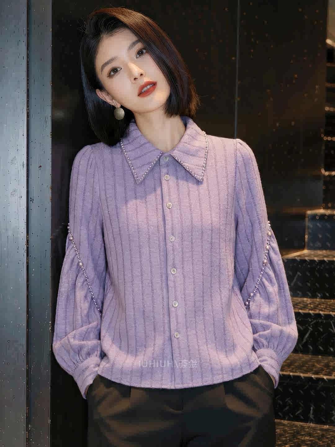 2026 새로운 봄 프랑스식 익스트림 제인 바람 비즈 박기 폴로 칼라 여성 셔츠 보라색 다용도 작은 대중 슬림해 보이는 외국 가스 맨위 상세 이미지 12