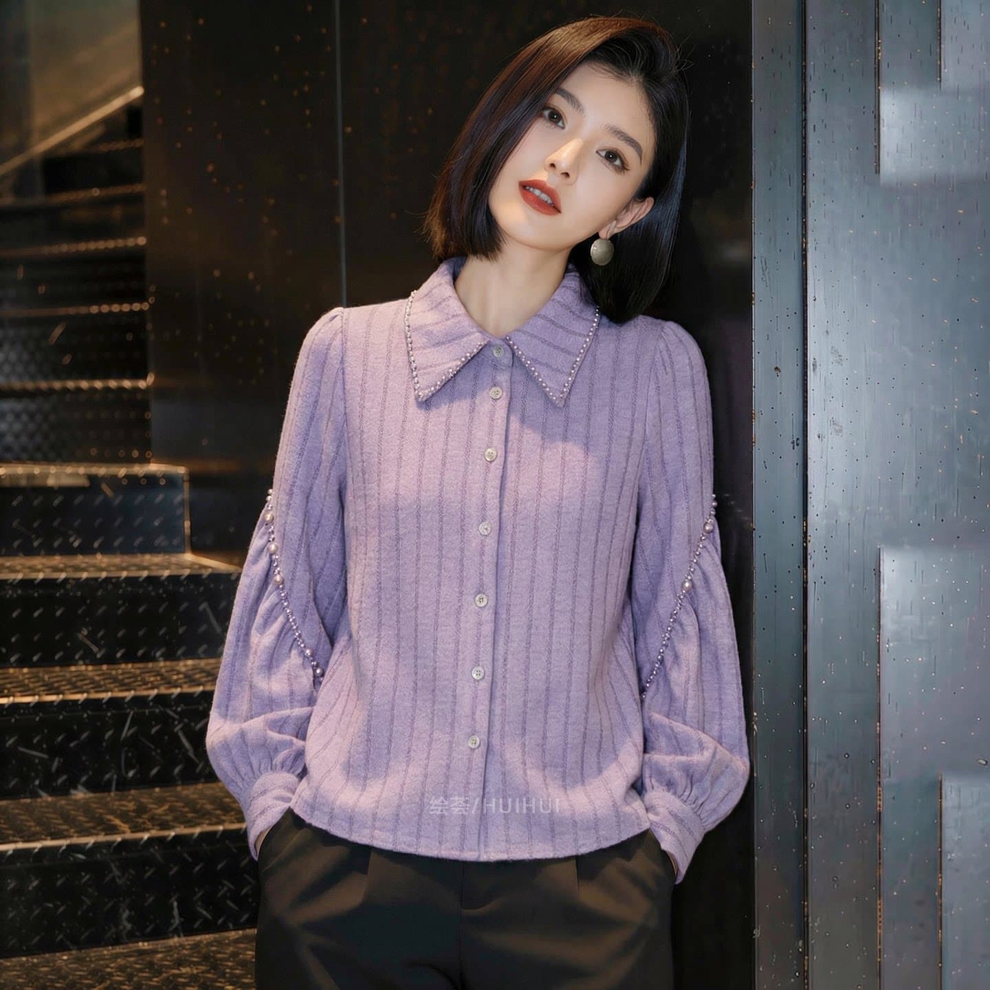2026 새로운 봄 프랑스식 익스트림 제인 바람 비즈 박기 폴로 칼라 여성 셔츠 보라색 다용도 작은 대중 슬림해 보이는 외국 가스 맨위 상세 이미지 13