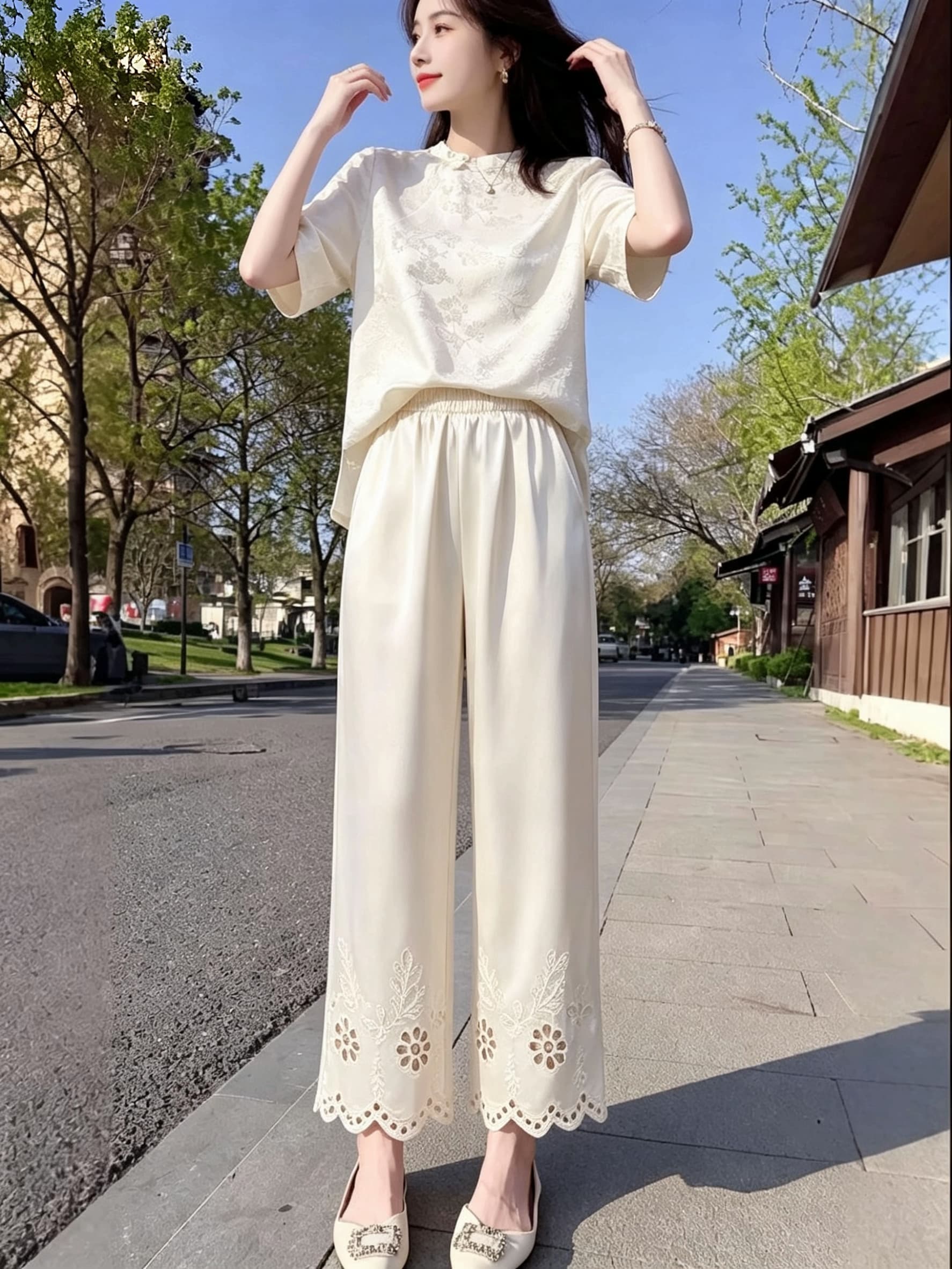 높음 질감 화이트 불 투수 실크 바지 아이들 여름 얇은 스타일 홀로우 아웃 가시 스트레이트 와이드 레그 팬츠 상세 이미지 2