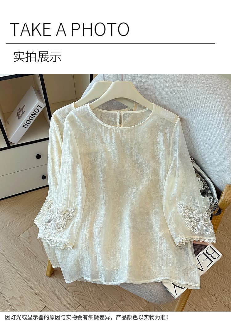 새로운 중식 국풍 얇은 스타일 반팔 여성 셔츠 여름 사람들 실크 자카드 자수 작은 셔츠 인사이드 가져 가라. 싱글 착용 라운드 넥 맨위 상세 이미지 9