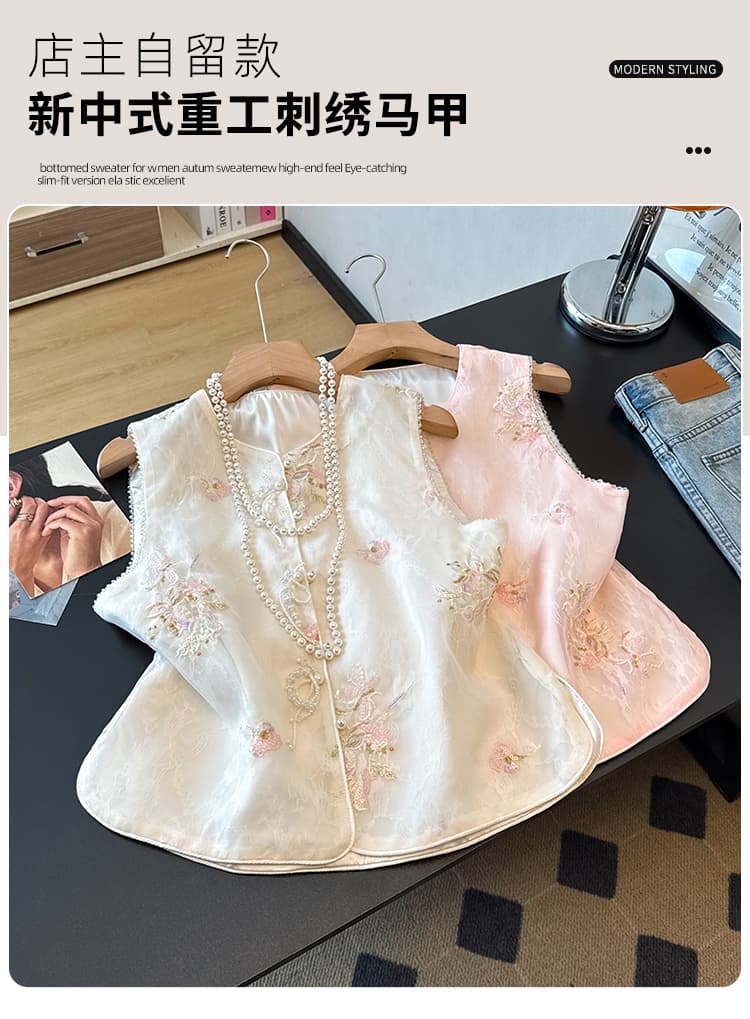 국풍 엠보싱 자수 조끼 여자 봄 새로운 고급 센스 라운드 넥 민소매 레이스 조끼 맨위 상세 이미지 1