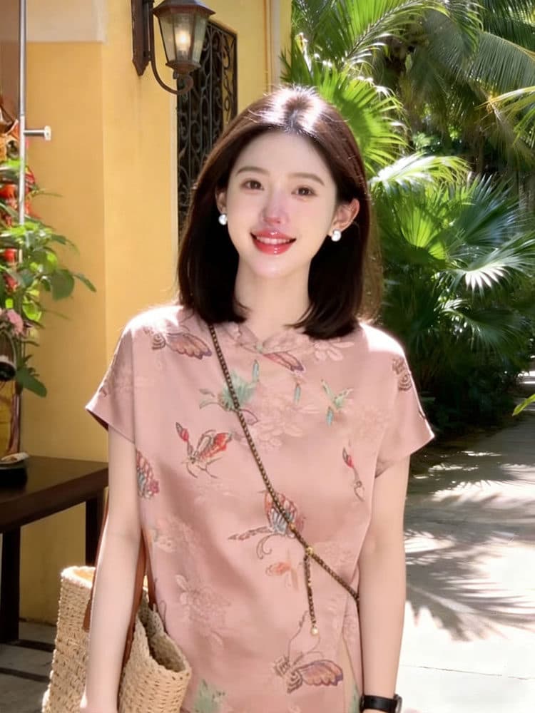 패션 다용도 새로운 중식 국풍 비스듬한 襟 스탠드 칼라 반팔 2026 여름 얇은 스타일 품격 연령 감소 반팔 맨위 여성 상세 이미지 2