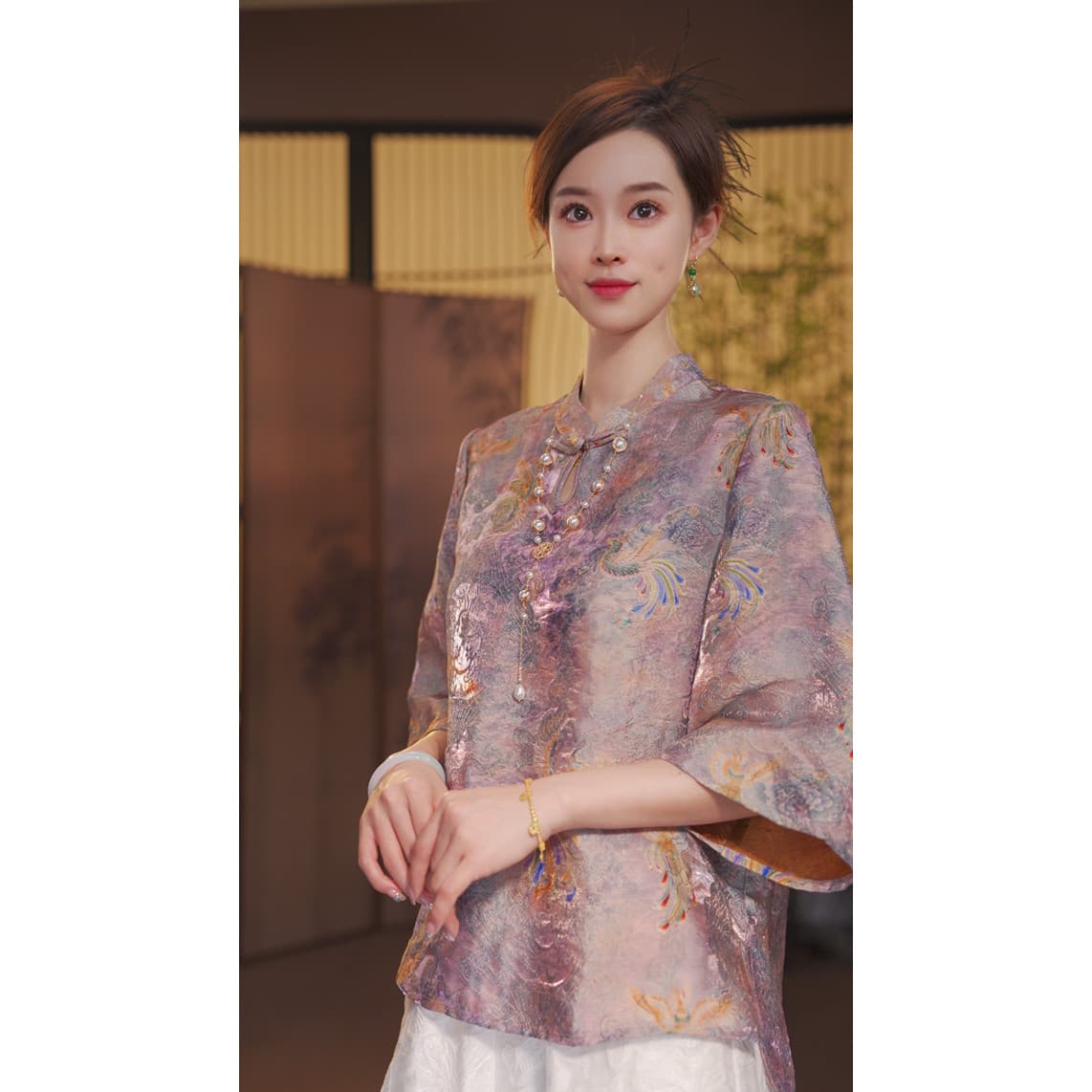새로운 중식 봄 다용도 자카드 스탠드 칼라 반팔 맨위 여성 상세 이미지 3
