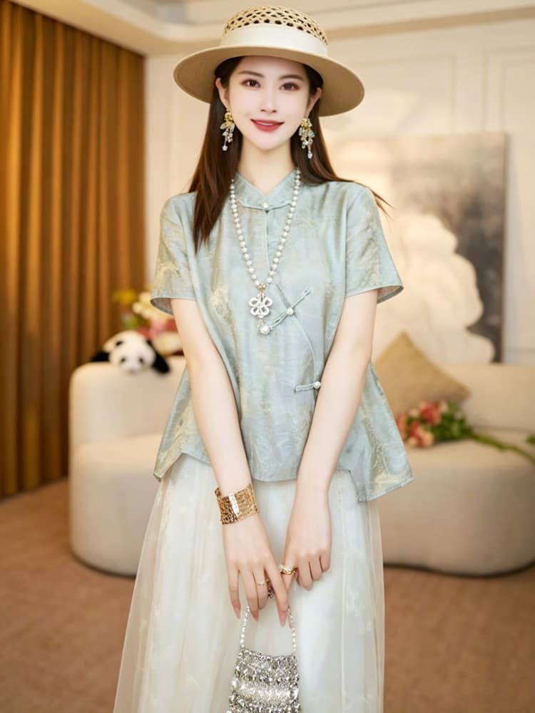 새로운 중식 샹윈사 뽕나무 누에 실크 플로팅 라이트 브로케이드 셔츠 여성 2026 여름 새로운 국풍 비스듬한 襟 꽃 딜 맨위 상세 이미지 5