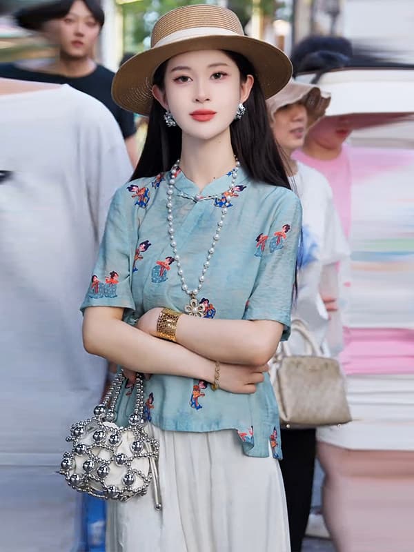 새로운 중식 국풍 여성 셔츠 여름 2026 새로운 반팔 얇은 스타일 셔츠 빛 럭셔리 고급 센스 여성 의류 폭발 맨위 상세 이미지 2