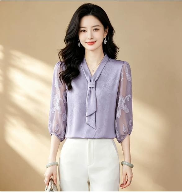 항저우 고급 실크 셔츠 여성 7부 소매 작은 셔츠 패션 리본 연령 감소 엄마 뽕나무 누에 실크 맨위 이미지 2