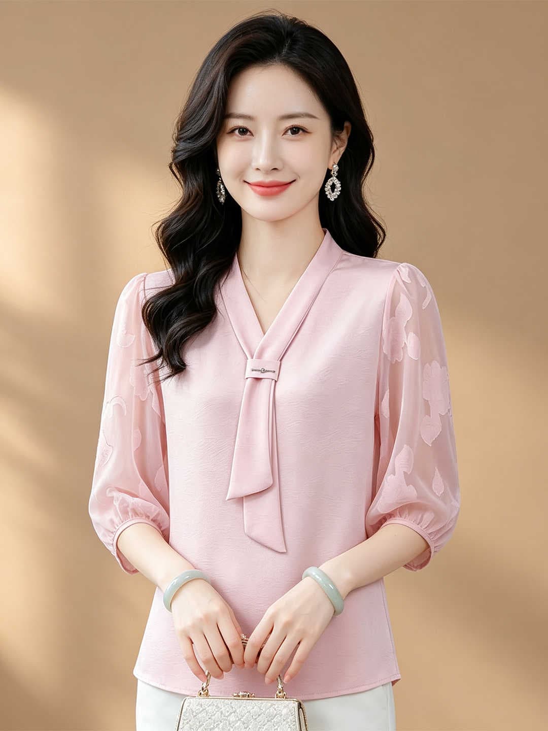 항저우 고급 실크 셔츠 여성 7부 소매 작은 셔츠 패션 리본 연령 감소 엄마 뽕나무 누에 실크 맨위 상세 이미지 3
