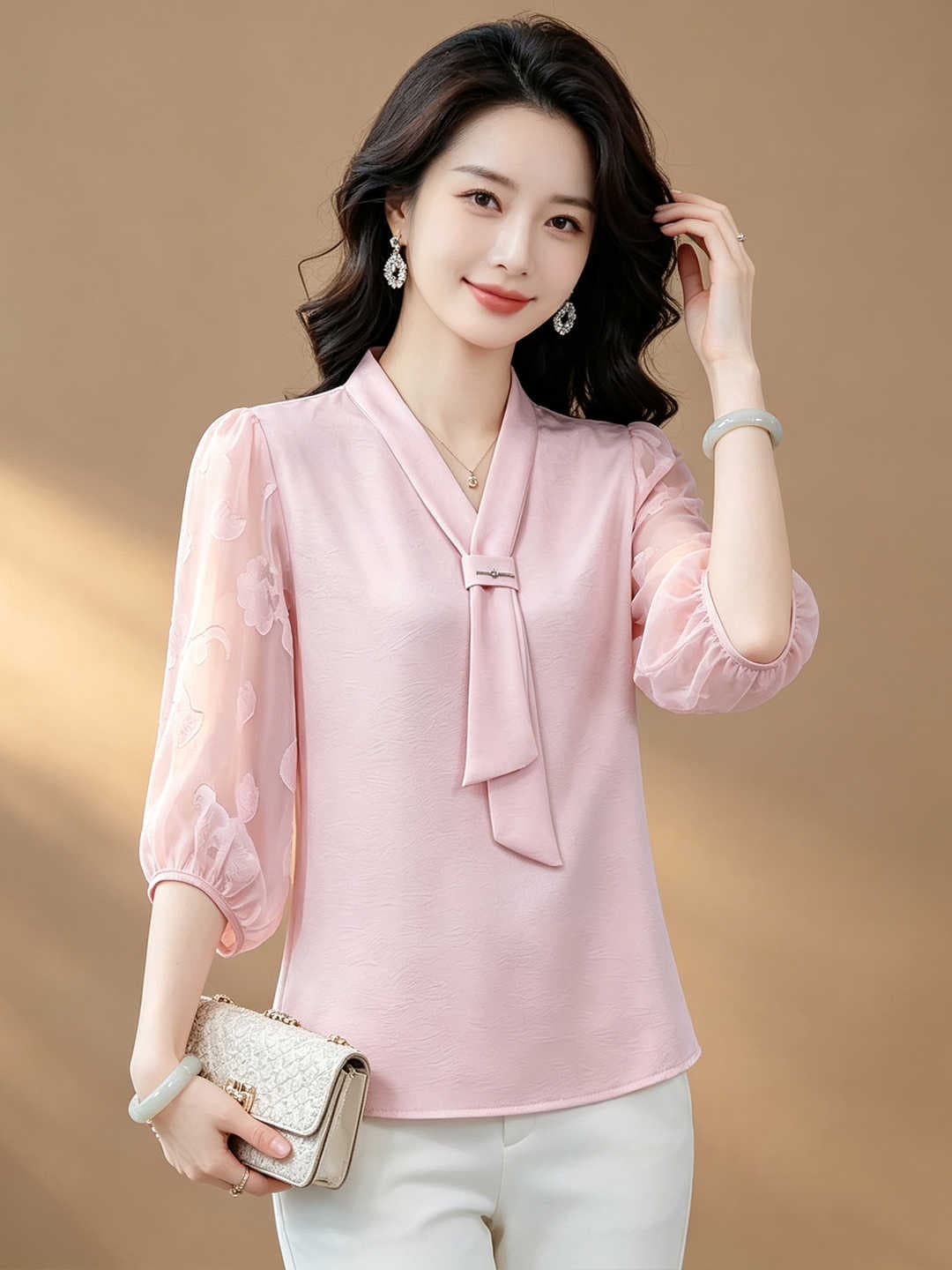 항저우 고급 실크 셔츠 여성 7부 소매 작은 셔츠 패션 리본 연령 감소 엄마 뽕나무 누에 실크 맨위 상세 이미지 4