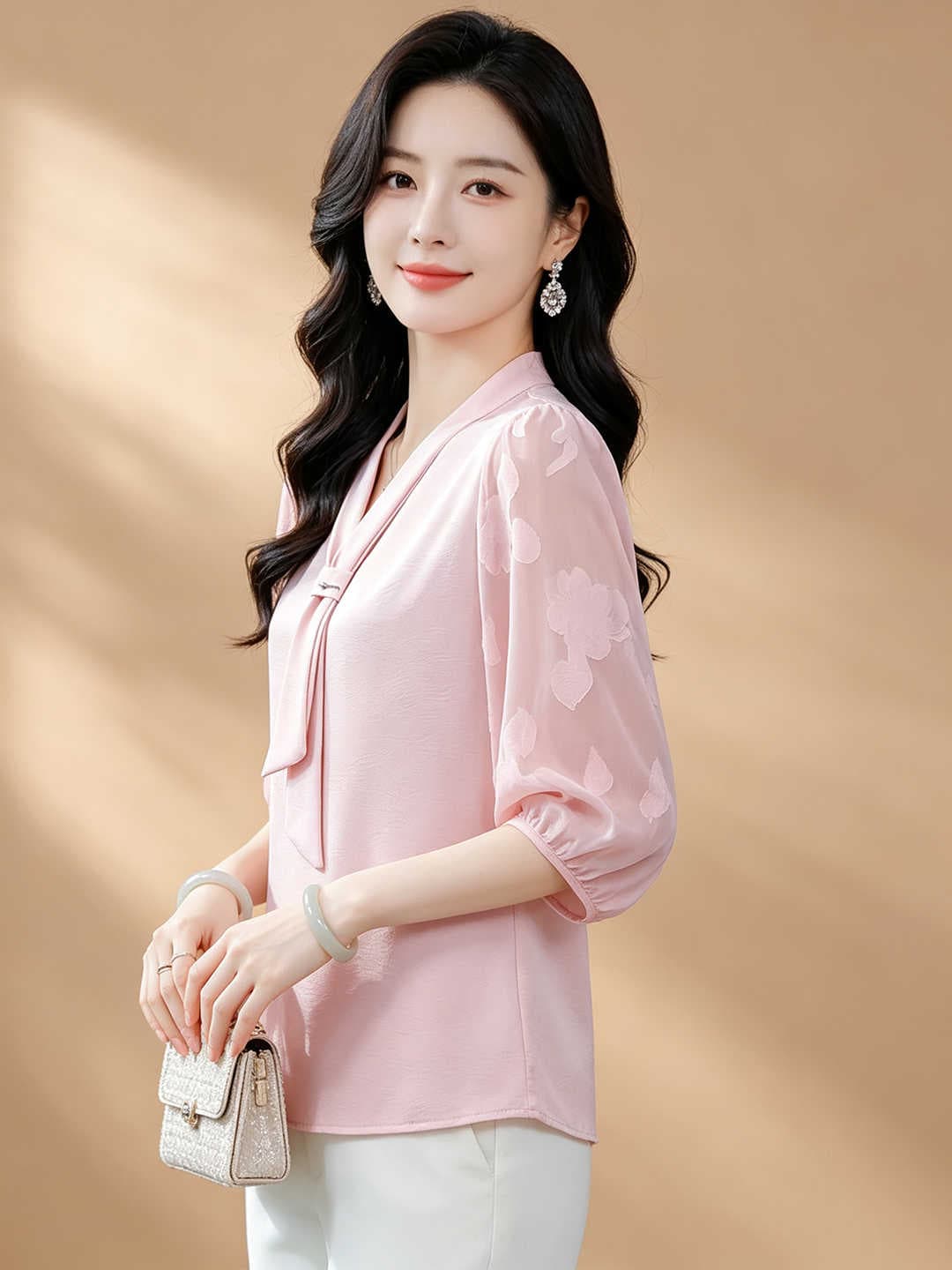 항저우 고급 실크 셔츠 여성 7부 소매 작은 셔츠 패션 리본 연령 감소 엄마 뽕나무 누에 실크 맨위 상세 이미지 6