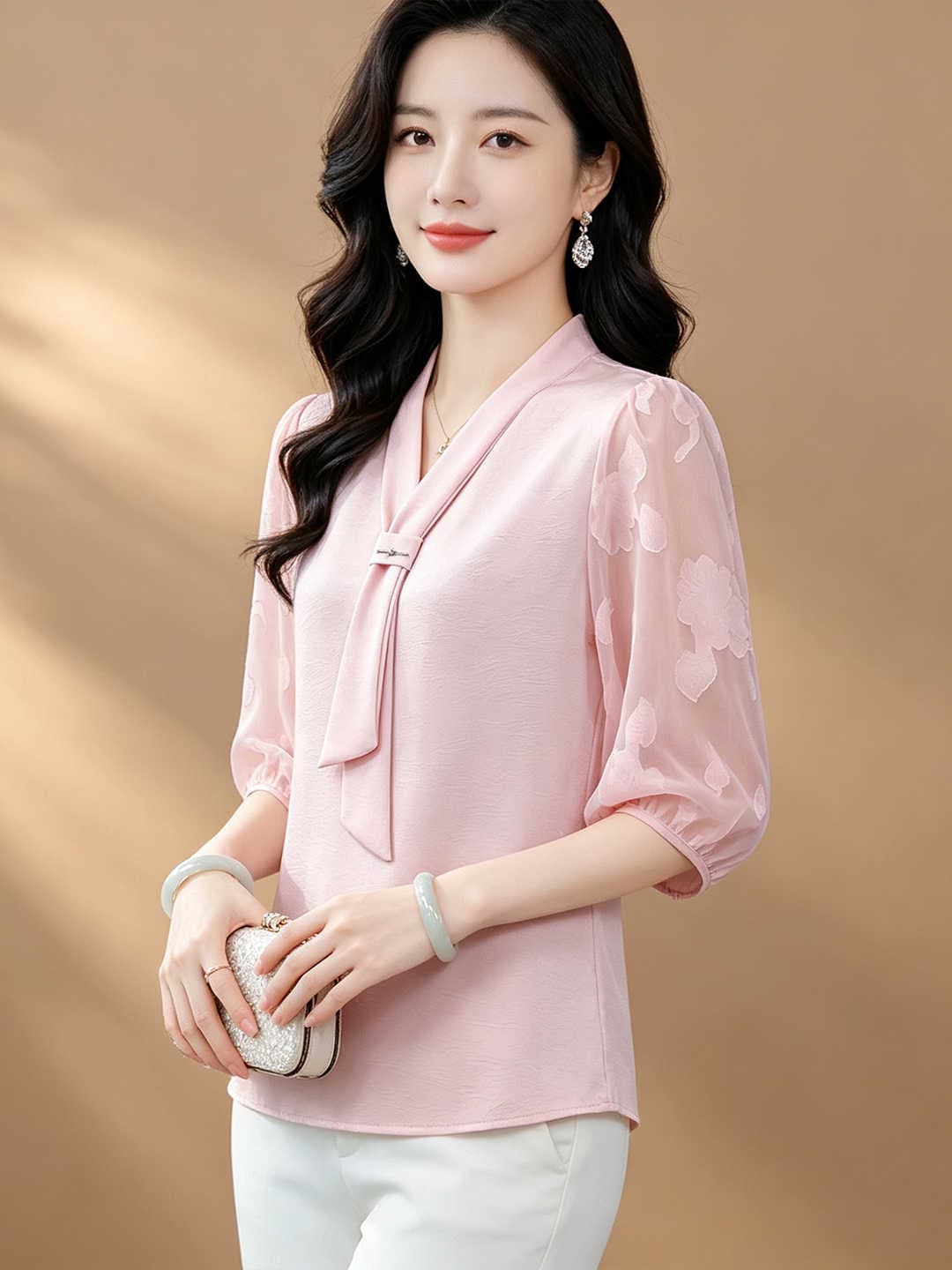 항저우 고급 실크 셔츠 여성 7부 소매 작은 셔츠 패션 리본 연령 감소 엄마 뽕나무 누에 실크 맨위 상세 이미지 7