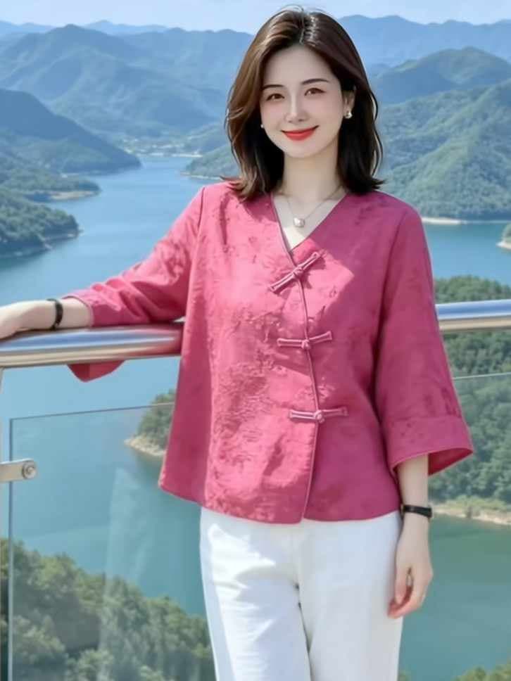 새로운 중식 국풍 V넥 여성 셔츠 2026 여름 새로운 대양 품격 다용도 맨위 7부 소매 자수 작은 셔츠 이미지 4