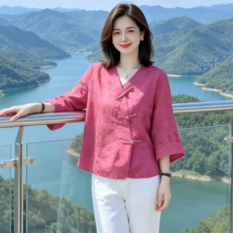새로운 중식 국풍 V넥 여성 셔츠 2026 여름 새로운 대양 품격 다용도 맨위 7부 소매 자수 작은 셔츠 상세 이미지 1