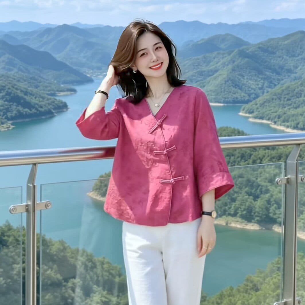 새로운 중식 국풍 V넥 여성 셔츠 2026 여름 새로운 대양 품격 다용도 맨위 7부 소매 자수 작은 셔츠 상세 이미지 4