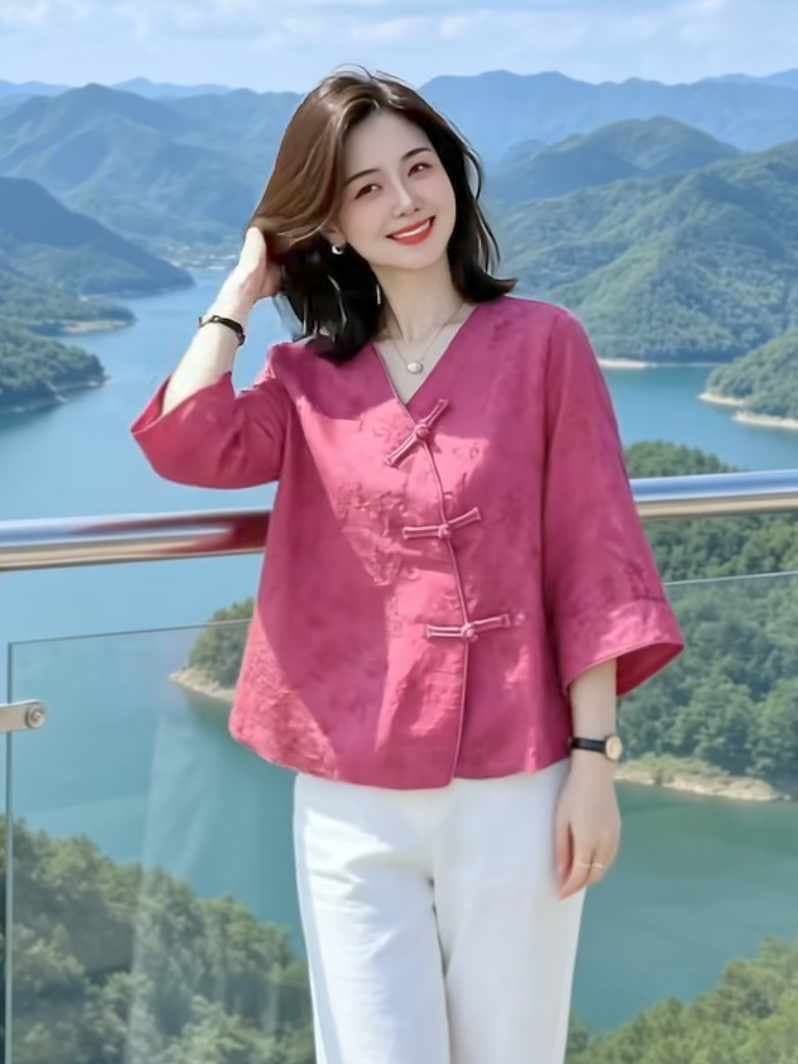 새로운 중식 국풍 V넥 여성 셔츠 2026 여름 새로운 대양 품격 다용도 맨위 7부 소매 자수 작은 셔츠 상세 이미지 6