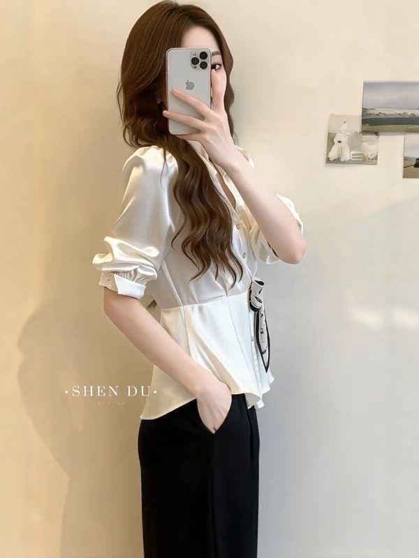 뽕나무 누에 실크 맨위 여성용 짧은 소매 셔츠 작은 셔츠 디자인 센스 나비 넥타이 새틴 상세 이미지 6