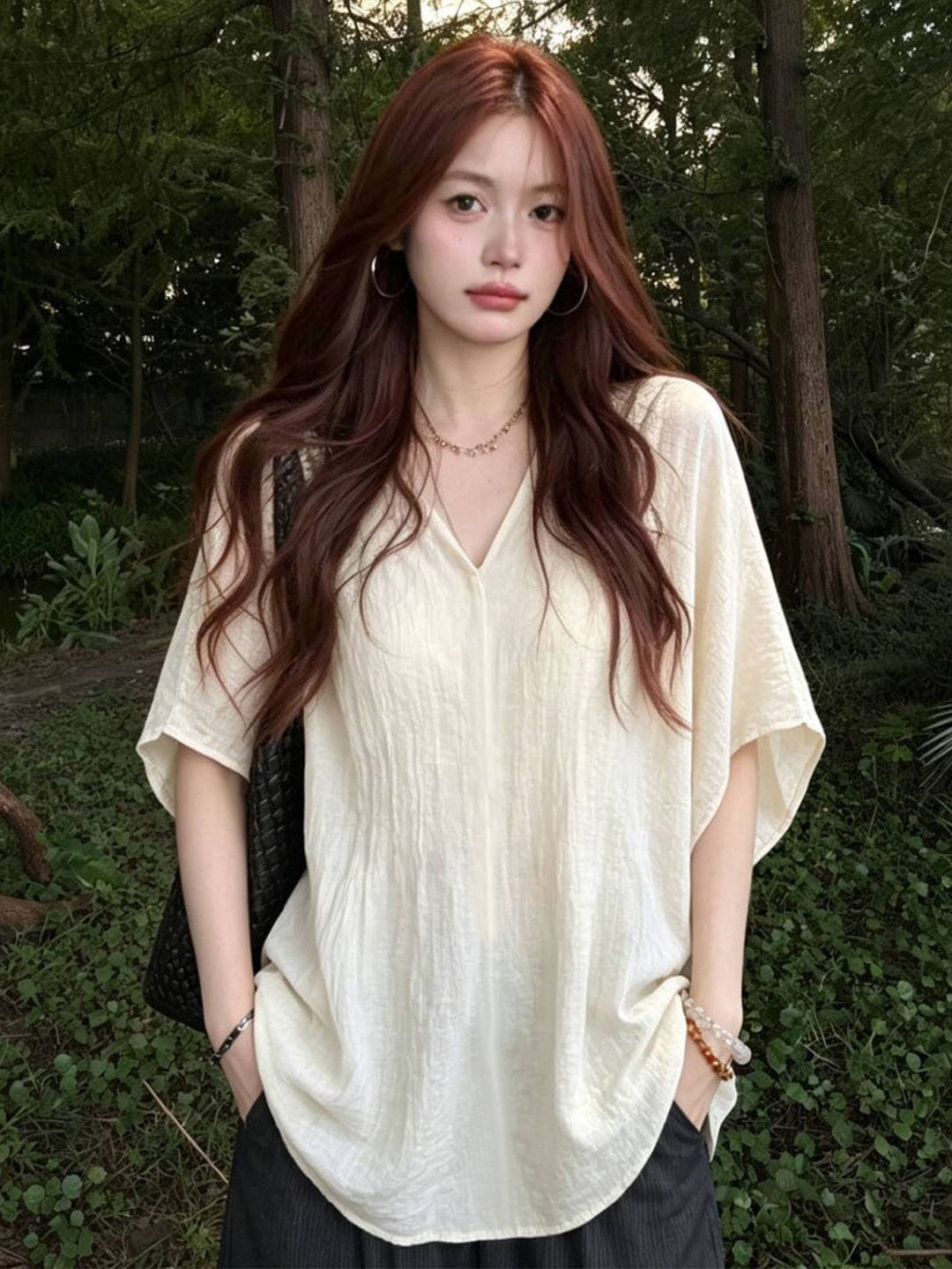 오래된 돈 바람 배트윙 소매 V넥 반팔 여성 셔츠 여름 얇은 스타일 빅 사이즈 지방 mm 루즈핏 자이언트 잘 생긴 블라우스 맨위 상세 이미지 1