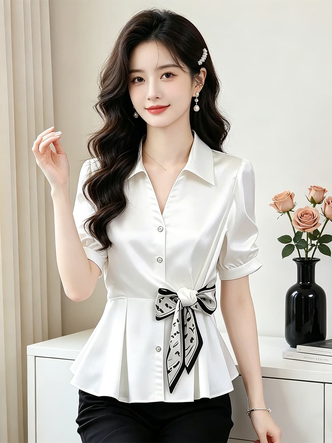 항저우 고급 실크 셔츠 여성 반팔 작은 셔츠 빛 럭셔리 고급 센스 패션 레이스업 맨위 상세 이미지 2
