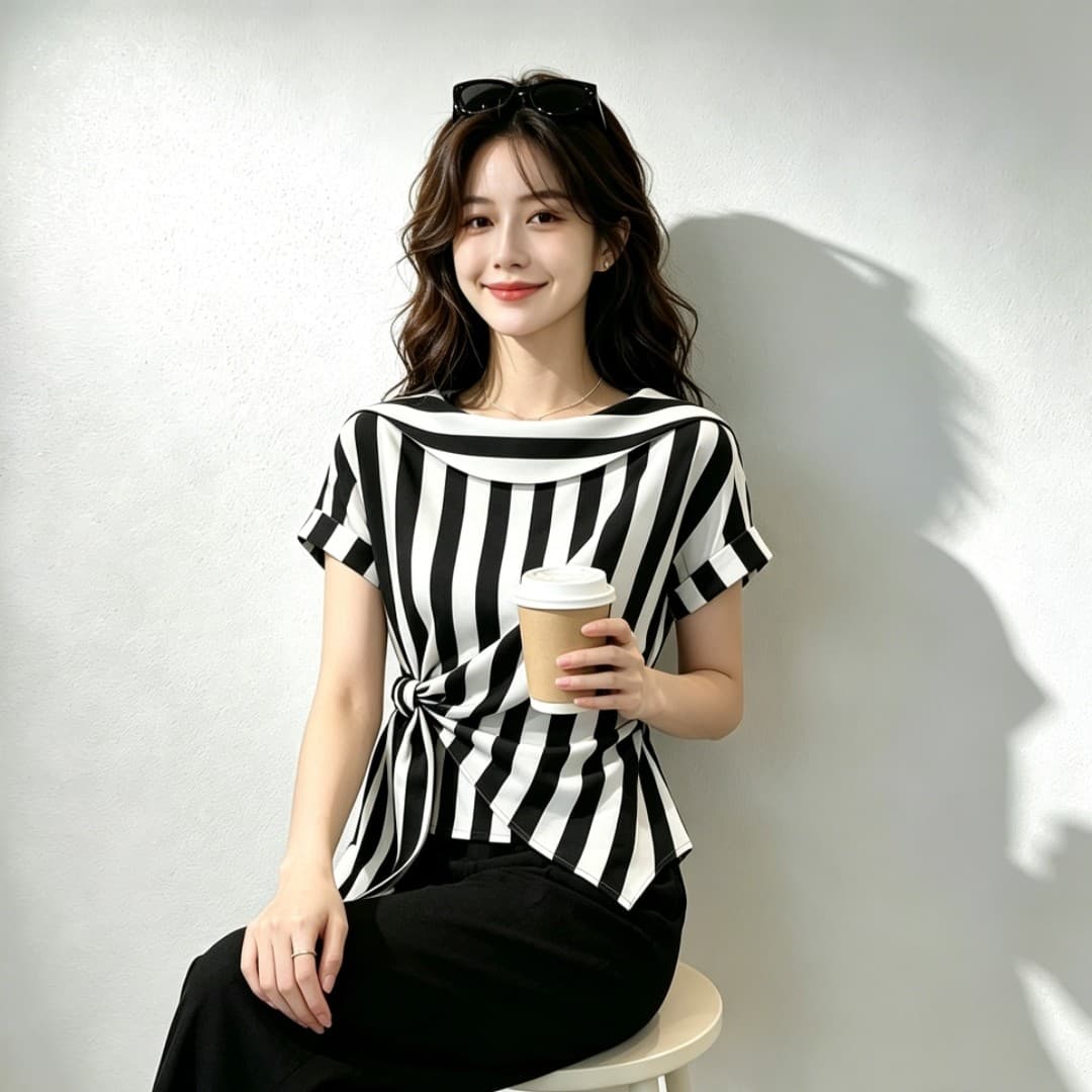 고급 실크 셔츠 여성 패션 흑백 줄무늬 반팔 작은 셔츠 26 여름 새로운 대양 품격 뽕나무 누에 실크 맨위 상세 이미지 1