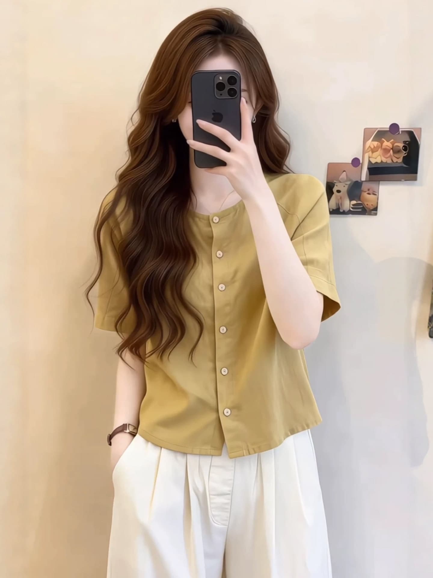 황색 긍정적 인 어깨 라미 반팔 여성 셔츠 2026 새로운 여름 빅 사이즈 지방 mm 표지 배 슬림해 보이는 그레이트 봐. 의류 상세 이미지 9