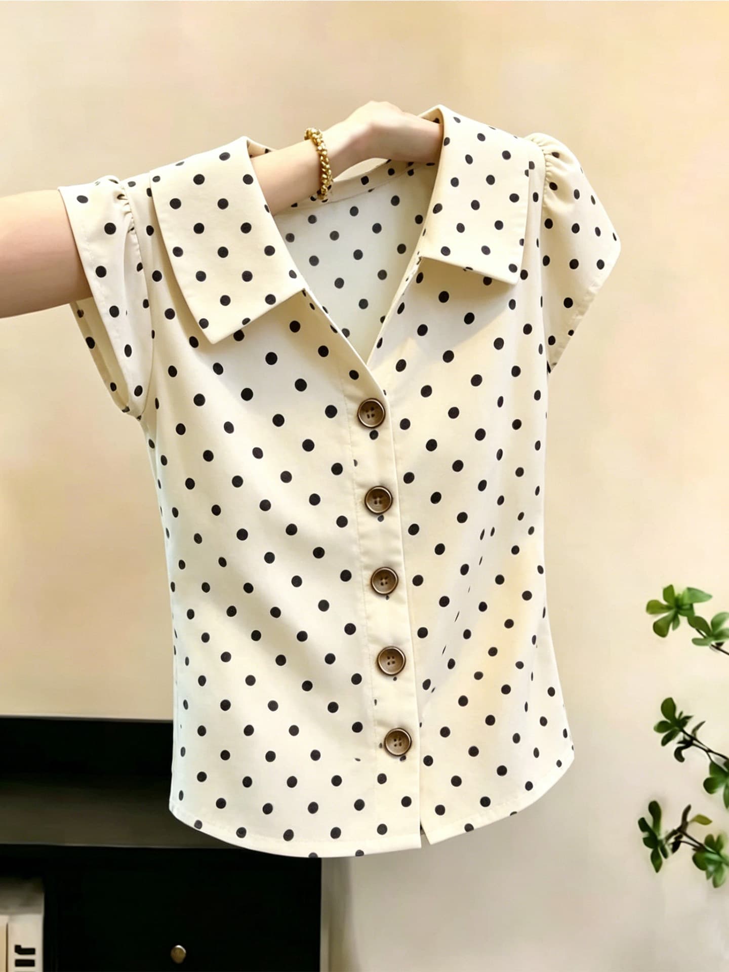 프랑스식 레트로 POLO 칼라 버튼 도트 무늬 반팔 여성 셔츠 2026 여름 새로운 외국 가스 슬림해 보이는 연령 감소 맨위 상세 이미지 1