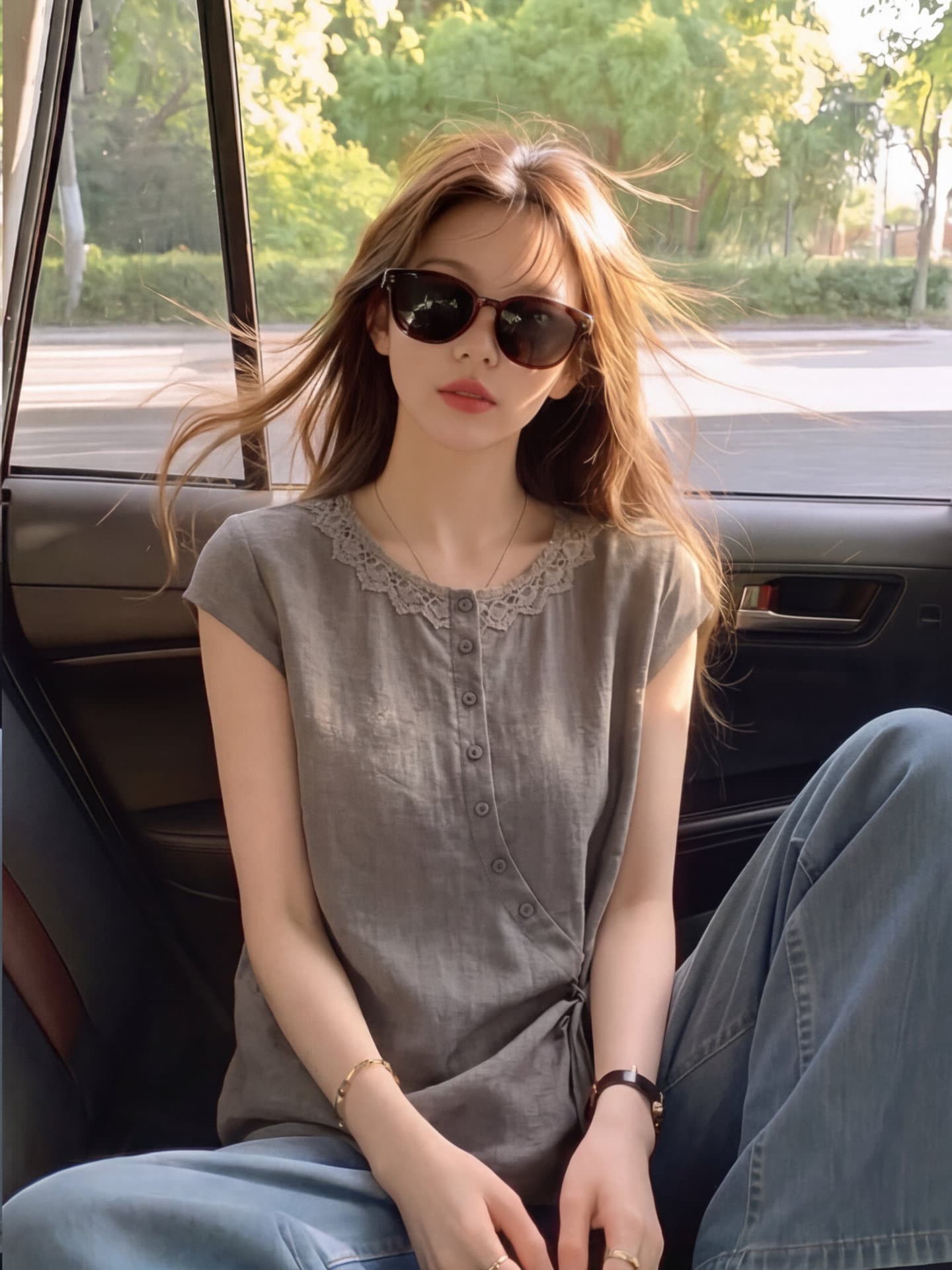 회색 레이스업 반팔 여성 셔츠 2026 여름 새로운 패션 연령 감소 작은 셔츠 디자인 센스 레이스 레이스 맨위 이미지 2