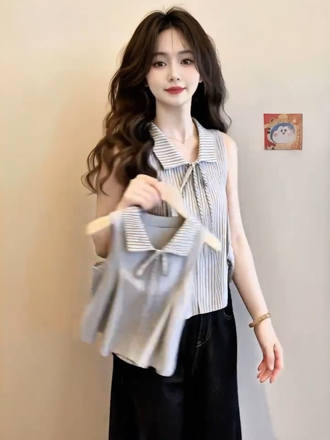 프랑스식 작은 대중 폴로 칼라 패치워크 색상 스트라이프 디자인 센스 레이스업 조끼 여성 여름 루즈핏 캐주얼 민소매 셔츠 맨위 이미지 2