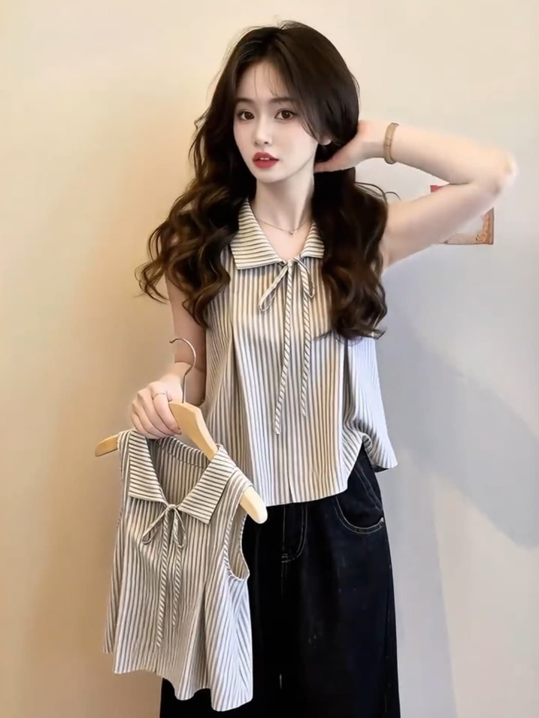 프랑스식 작은 대중 폴로 칼라 패치워크 색상 스트라이프 디자인 센스 레이스업 조끼 여성 여름 루즈핏 캐주얼 민소매 셔츠 맨위 상세 이미지 1