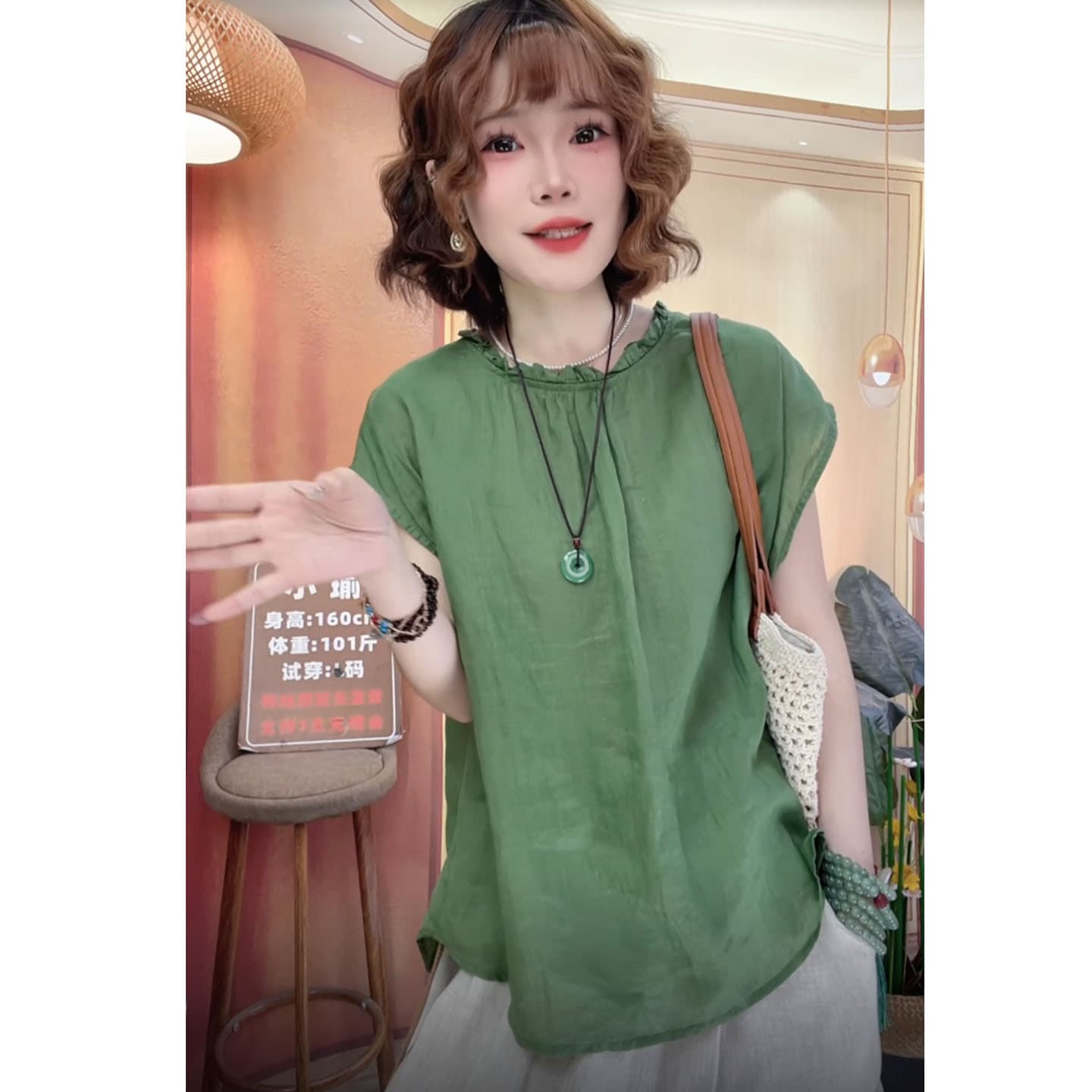 라미 반팔 셔츠 여자 여름 얇은 스타일 루즈핏 외국 가스 작은 셔츠 2026 새로운 연령 감소 표지 고기 품격 맨위 이미지 4
