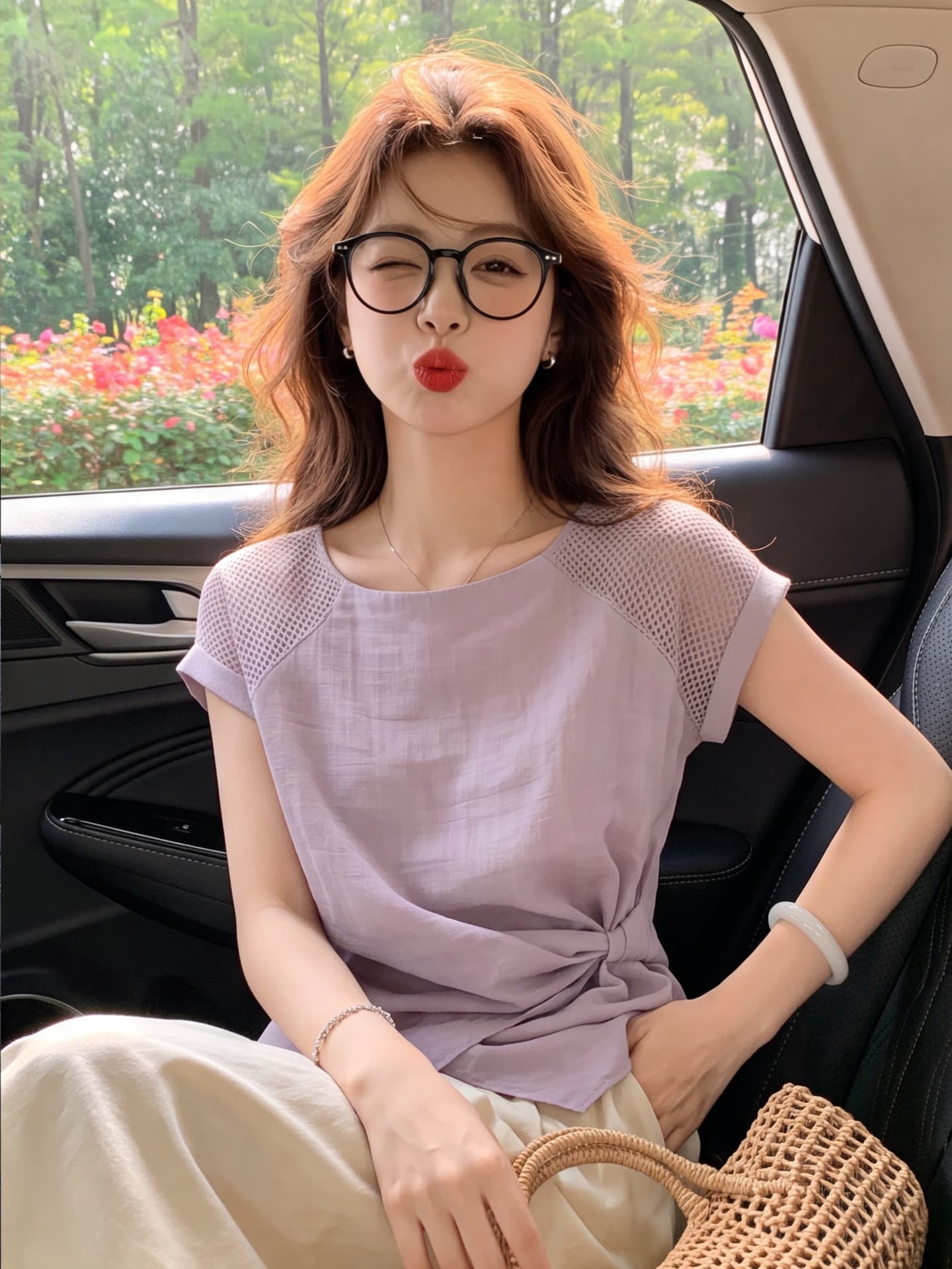 보라색 통기성 패치워크 망사 반팔 셔츠 여자 여름 비틀림 허리 수축 연령 감소 불규칙 품격 작은 맨위 이미지 2