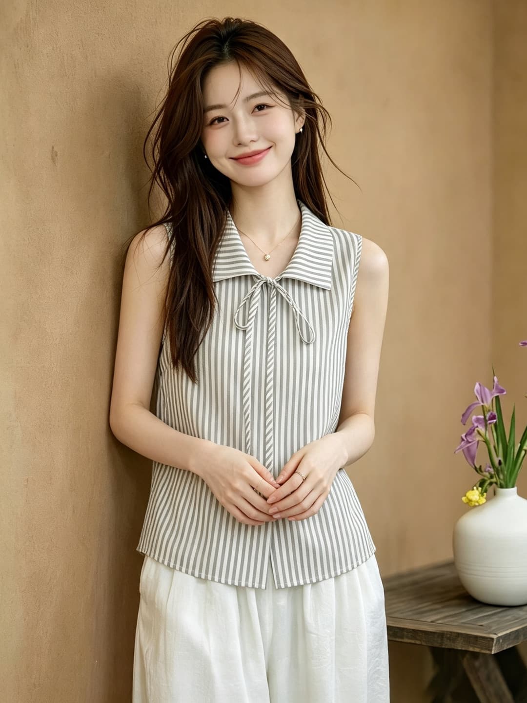 프랑스식 스트라이프 나비 매듭 민소매 여성 셔츠 여름 새로운 폴로 칼라 슬림해 보이는 품격 고급 센스 세련된 맨위 트렌디 이미지 2