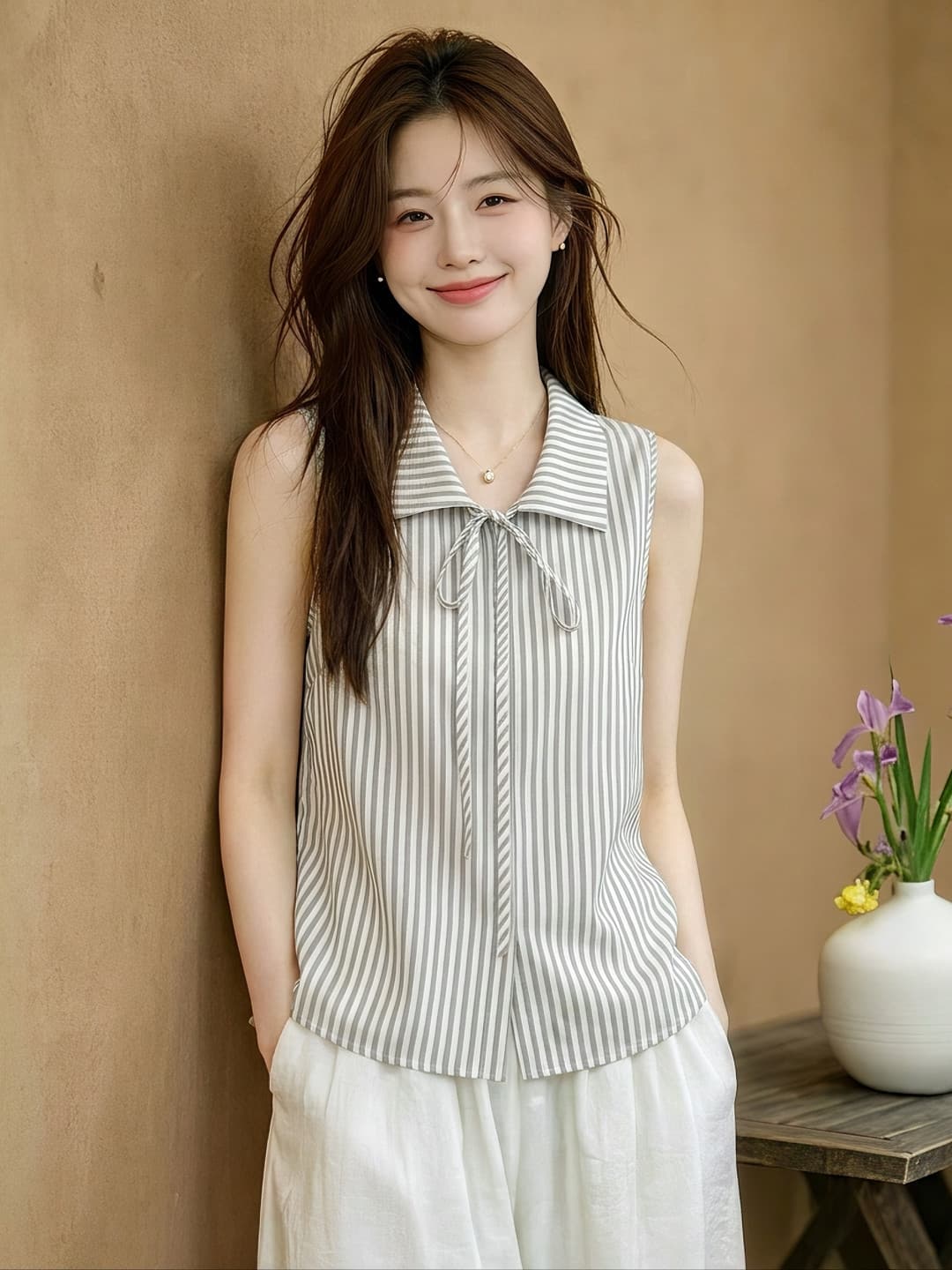 프랑스식 스트라이프 나비 매듭 민소매 여성 셔츠 여름 새로운 폴로 칼라 슬림해 보이는 품격 고급 센스 세련된 맨위 트렌디 이미지 3