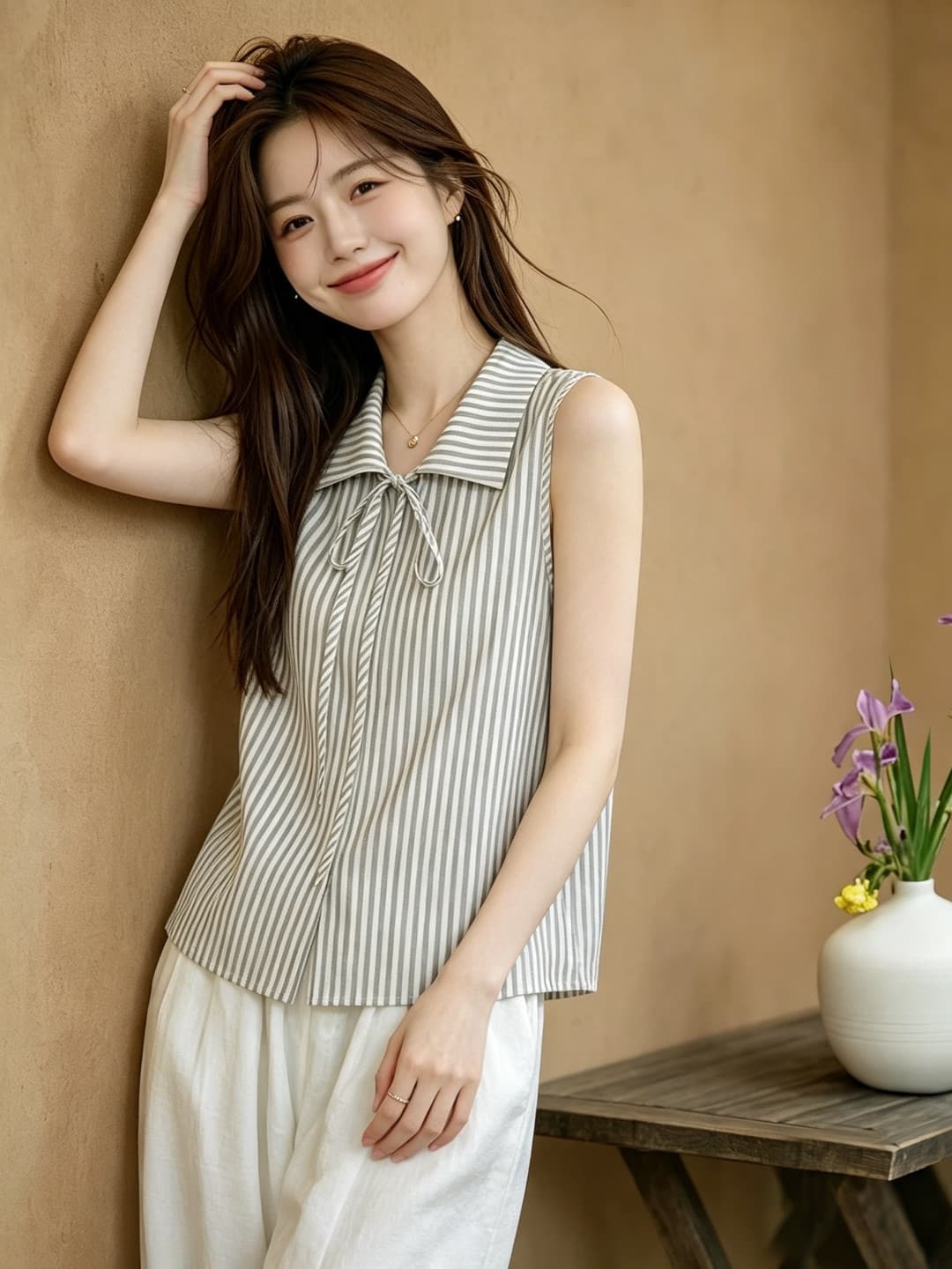 프랑스식 스트라이프 나비 매듭 민소매 여성 셔츠 여름 새로운 폴로 칼라 슬림해 보이는 품격 고급 센스 세련된 맨위 트렌디 상세 이미지 1