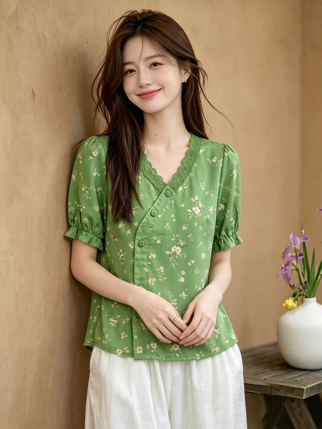 신선함 꽃무늬 반팔 여성 셔츠 여름 새로운 V넥 레이스 레이스 슬림해 보이는 고유 한 디자인 센스 작은 대중 맨위 상세 이미지 1