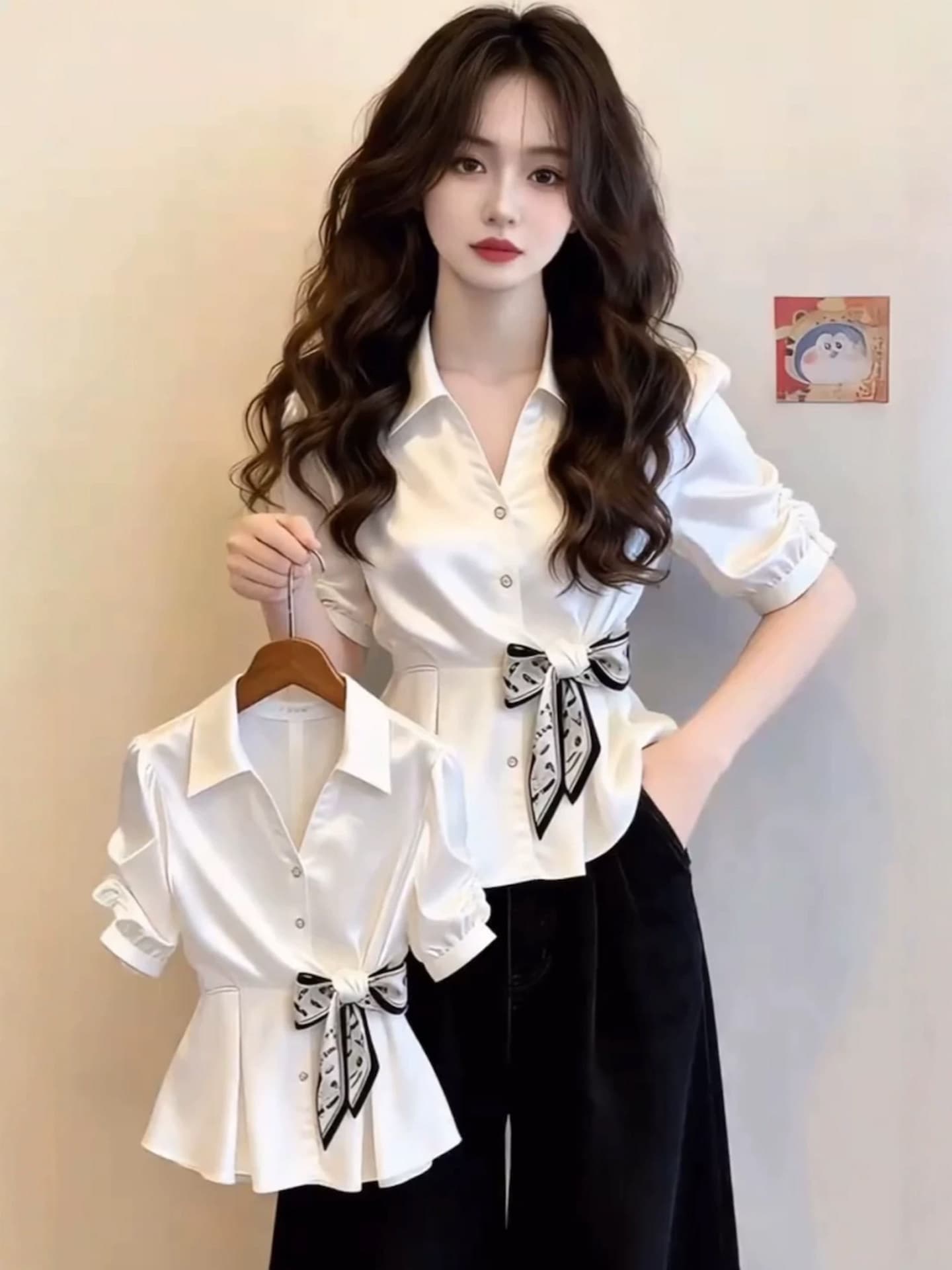 프랑스식 화이트 새틴 폴로 칼라 반팔 여성 셔츠 여름 디자인 센스 나비 매듭 스카프 허리 수축 품격 연령 감소 맨위 이미지 3