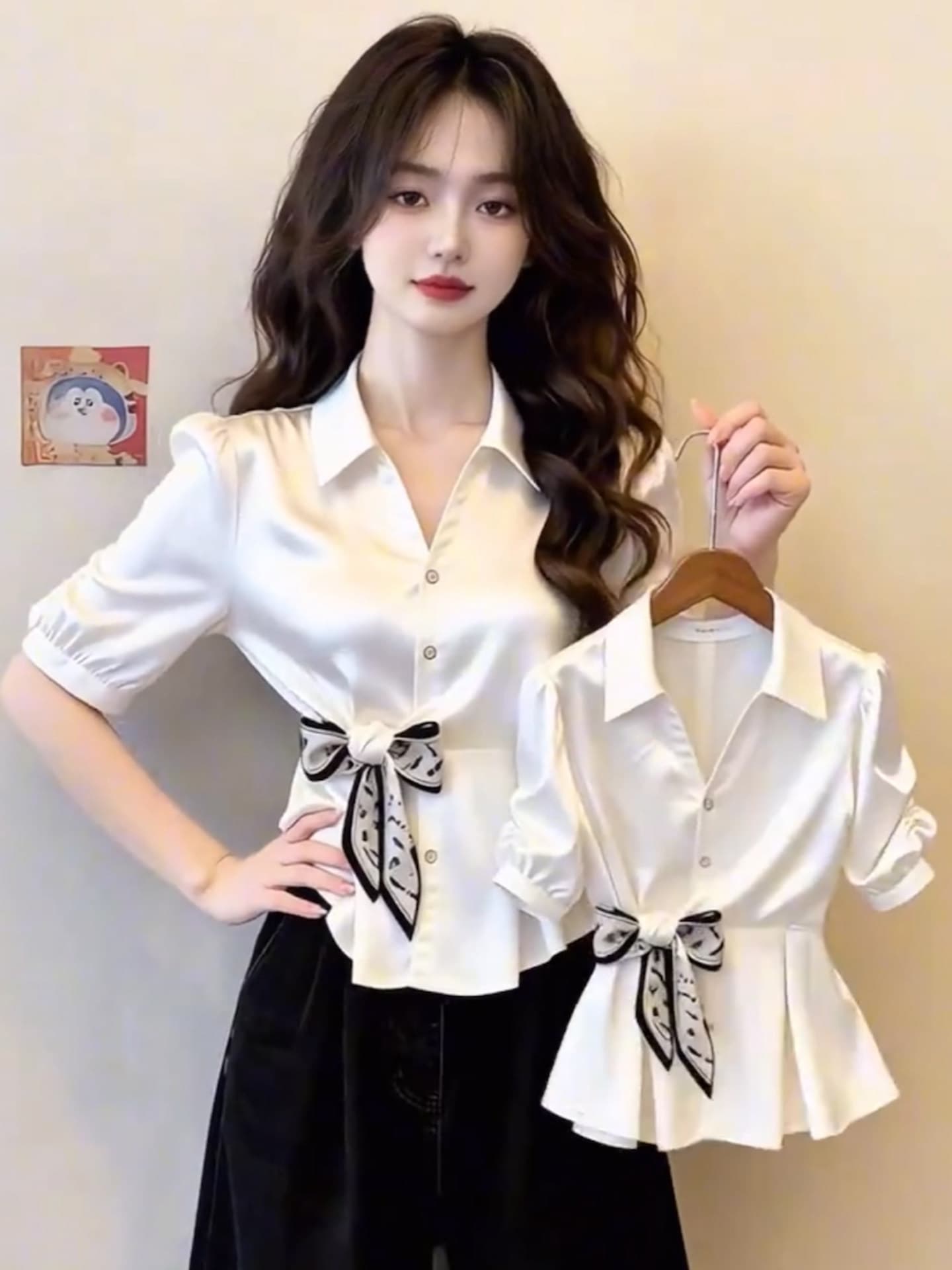 프랑스식 화이트 새틴 폴로 칼라 반팔 여성 셔츠 여름 디자인 센스 나비 매듭 스카프 허리 수축 품격 연령 감소 맨위 상세 이미지 2