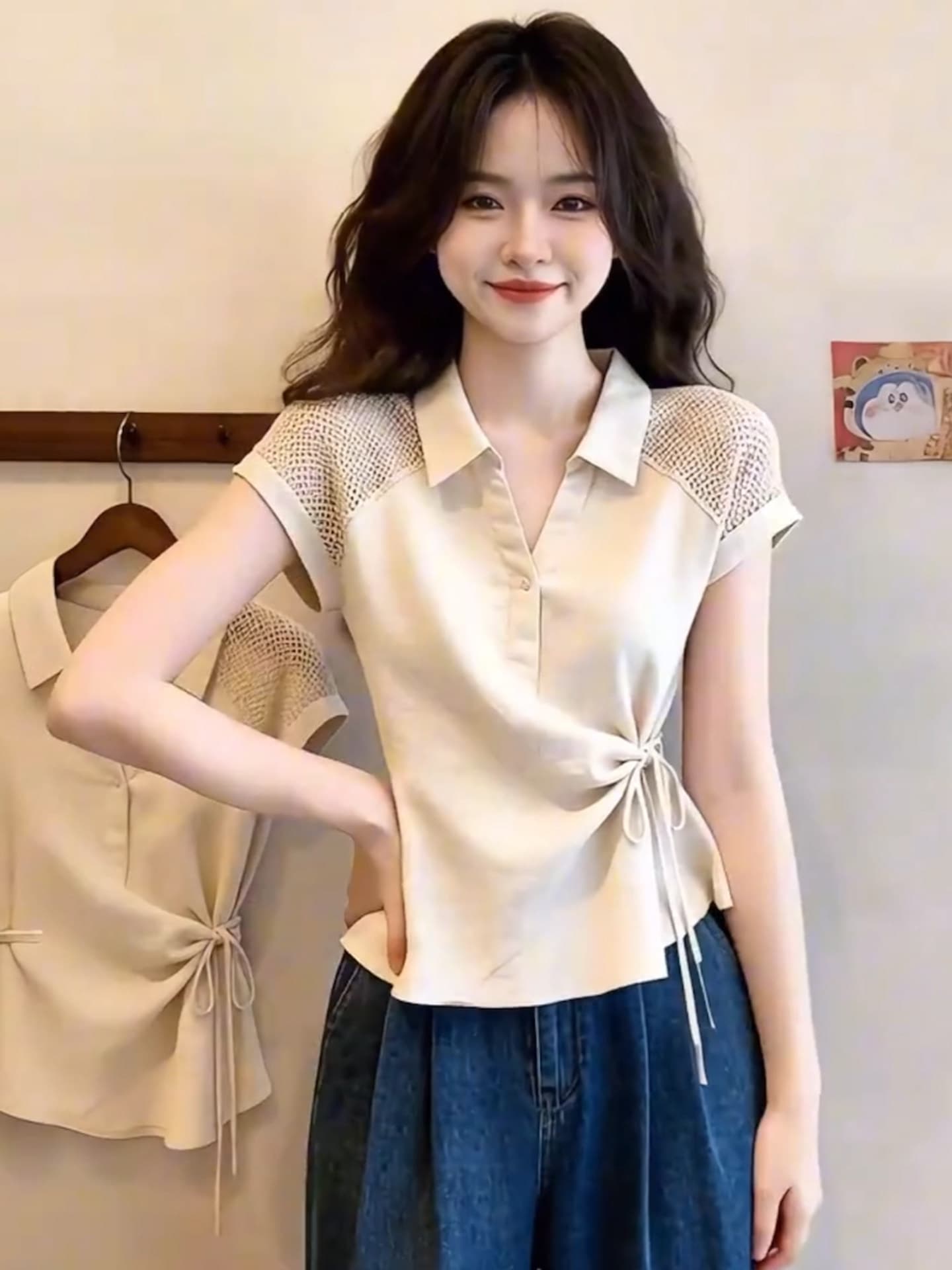 프랑스식 폴로 칼라 홀로우 아웃 패치워크 반팔 여성 셔츠 여름 디자인 센스 허리 수축 레이스업 품격 연령 감소 작은 셔츠 맨위 상세 이미지 2