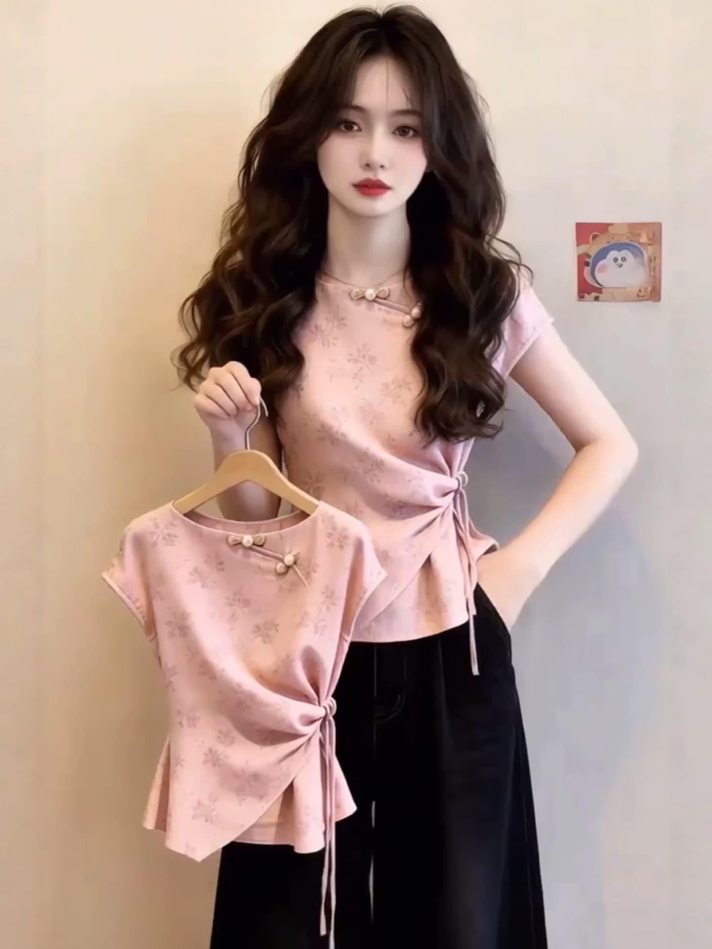프랑스식 핑크색 불규칙 꽃무늬 반팔 여성 셔츠 여름 디자인 센스 허리 수축 레이스업 연령 감소 품격 작은 셔츠 맨위 상세 이미지 3