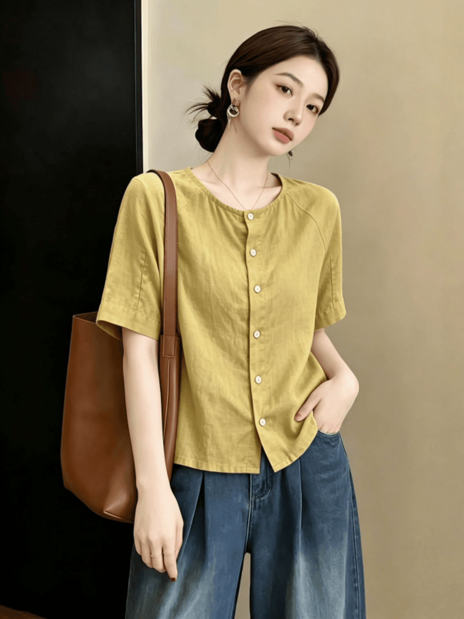 디자인 센스 황색 긍정적 인 어깨 반팔 여성 셔츠 2026 새로운 여름 빅 사이즈 마이크로 지방 mm 자이언트 잘 생긴 작은 셔츠 맨위 상세 이미지 2
