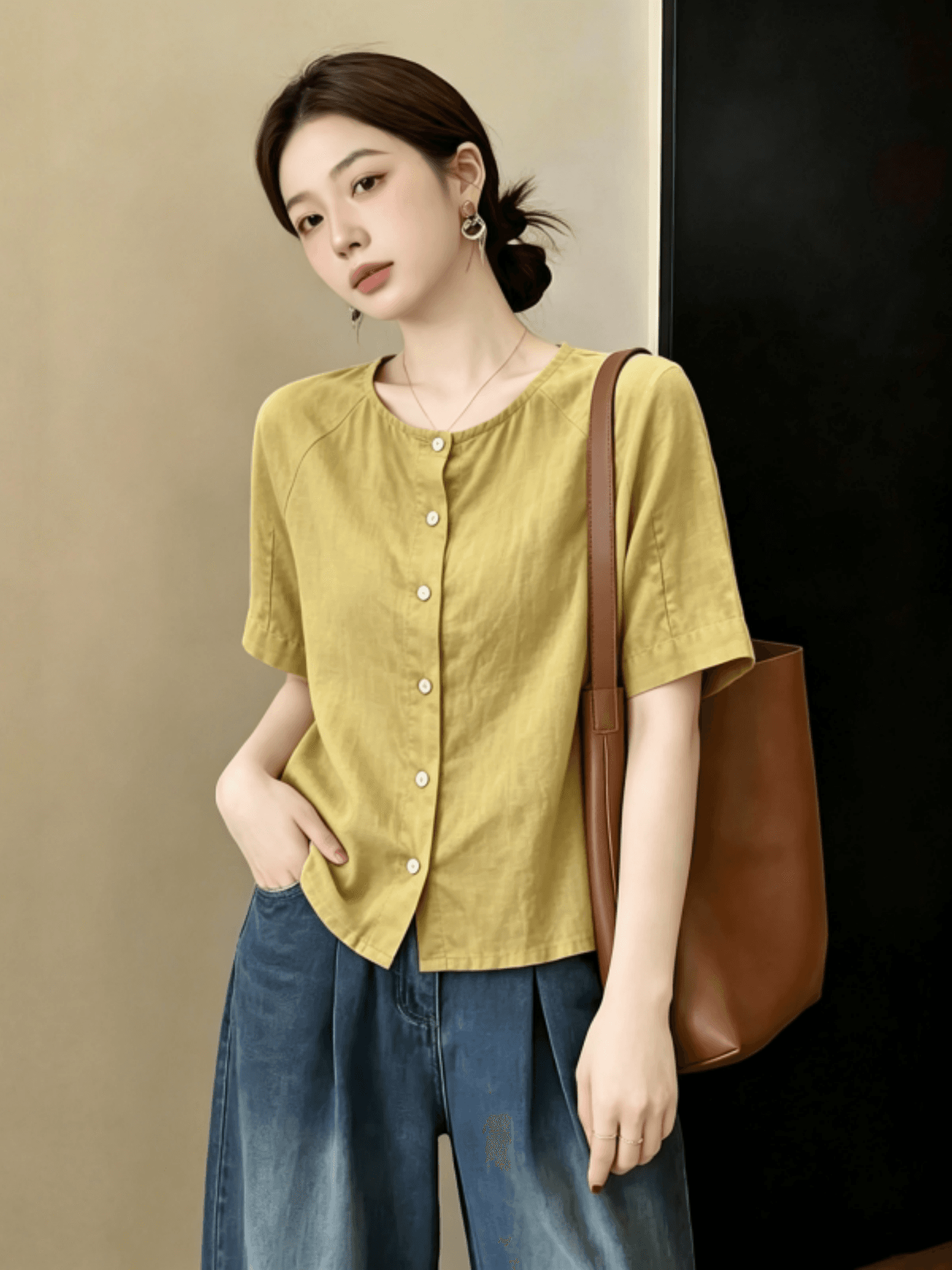 디자인 센스 황색 긍정적 인 어깨 반팔 여성 셔츠 2026 새로운 여름 빅 사이즈 마이크로 지방 mm 자이언트 잘 생긴 작은 셔츠 맨위 상세 이미지 3