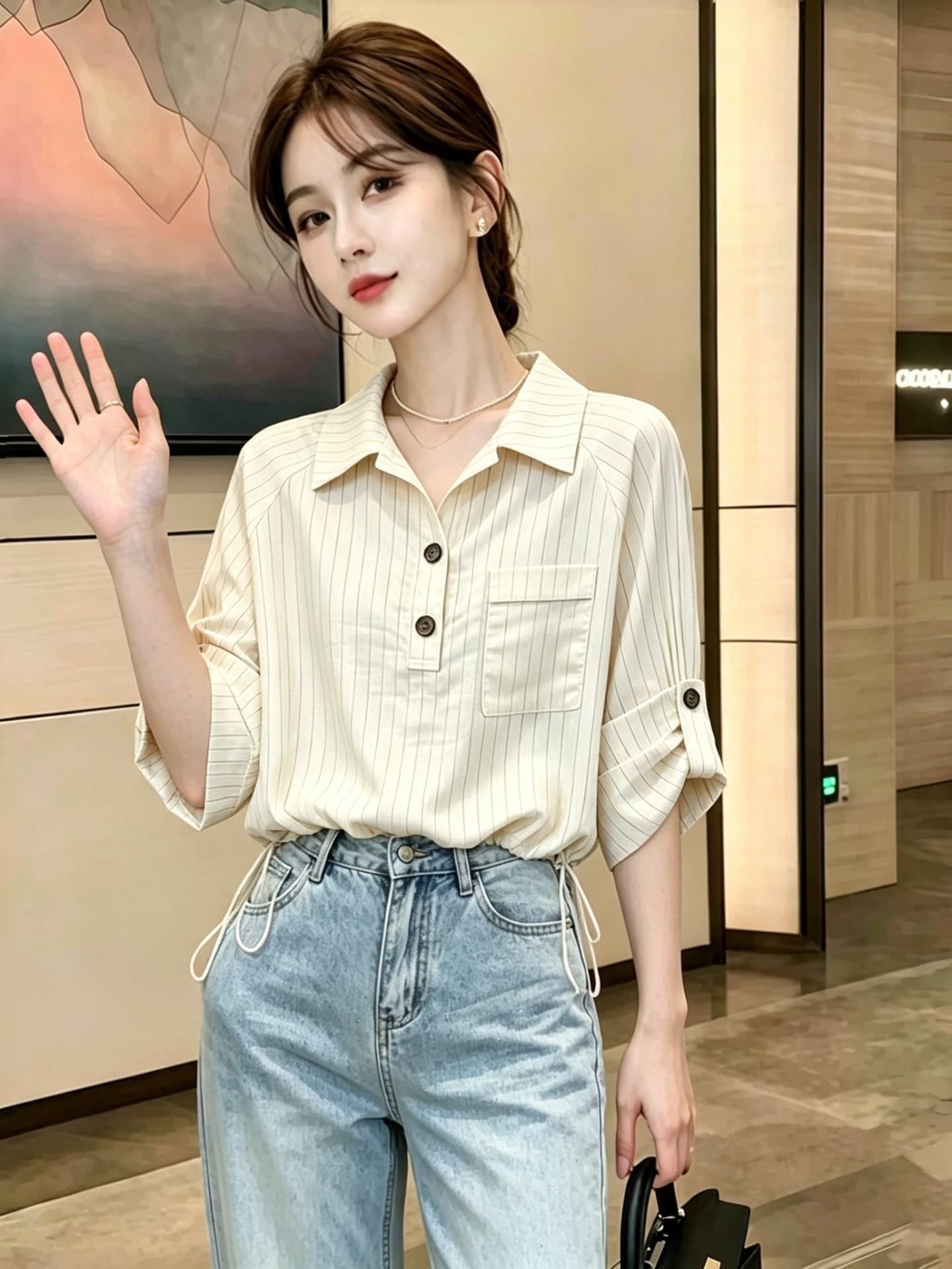 패션 폴로 칼라 스트라이프 여성 셔츠 이른 가을 새로운 펌프 로프 허리 수축 슬림해 보이는 작은 셔츠 고유 한 아름다운 슈퍼 잘 생긴 맨위 상세 이미지 1